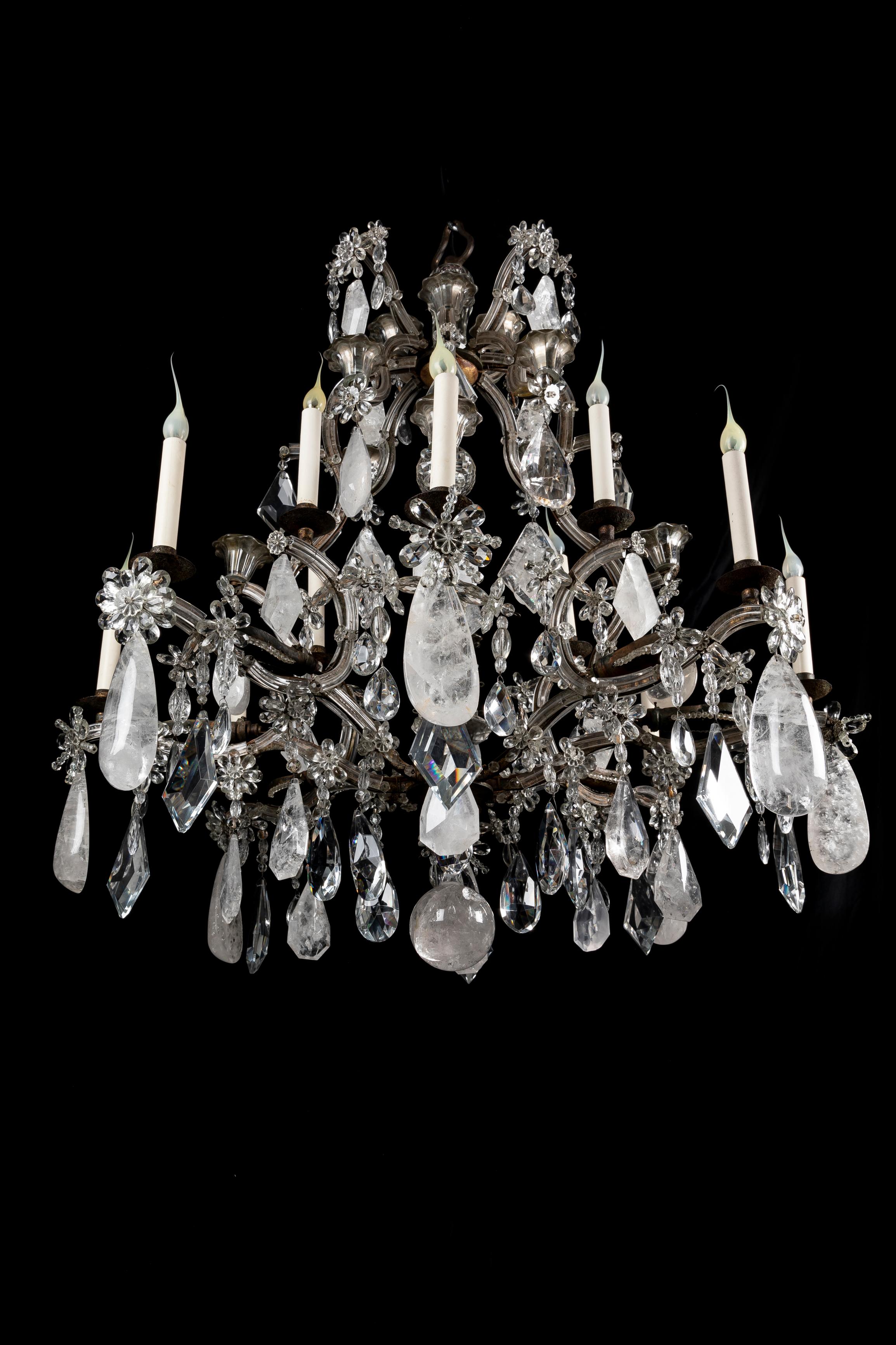 A Large Antique French Bagues Style Rock crystal and Iron Chandelier 10