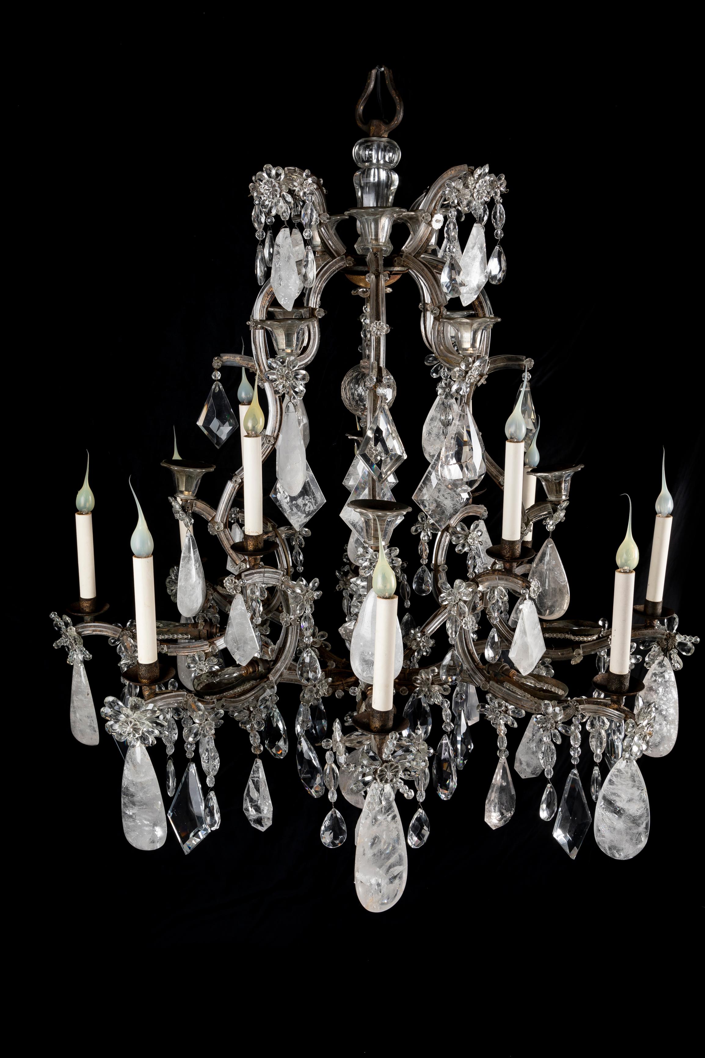 A Large Antique French Bagues Style Rock crystal and Iron Chandelier In Good Condition In New York, NY