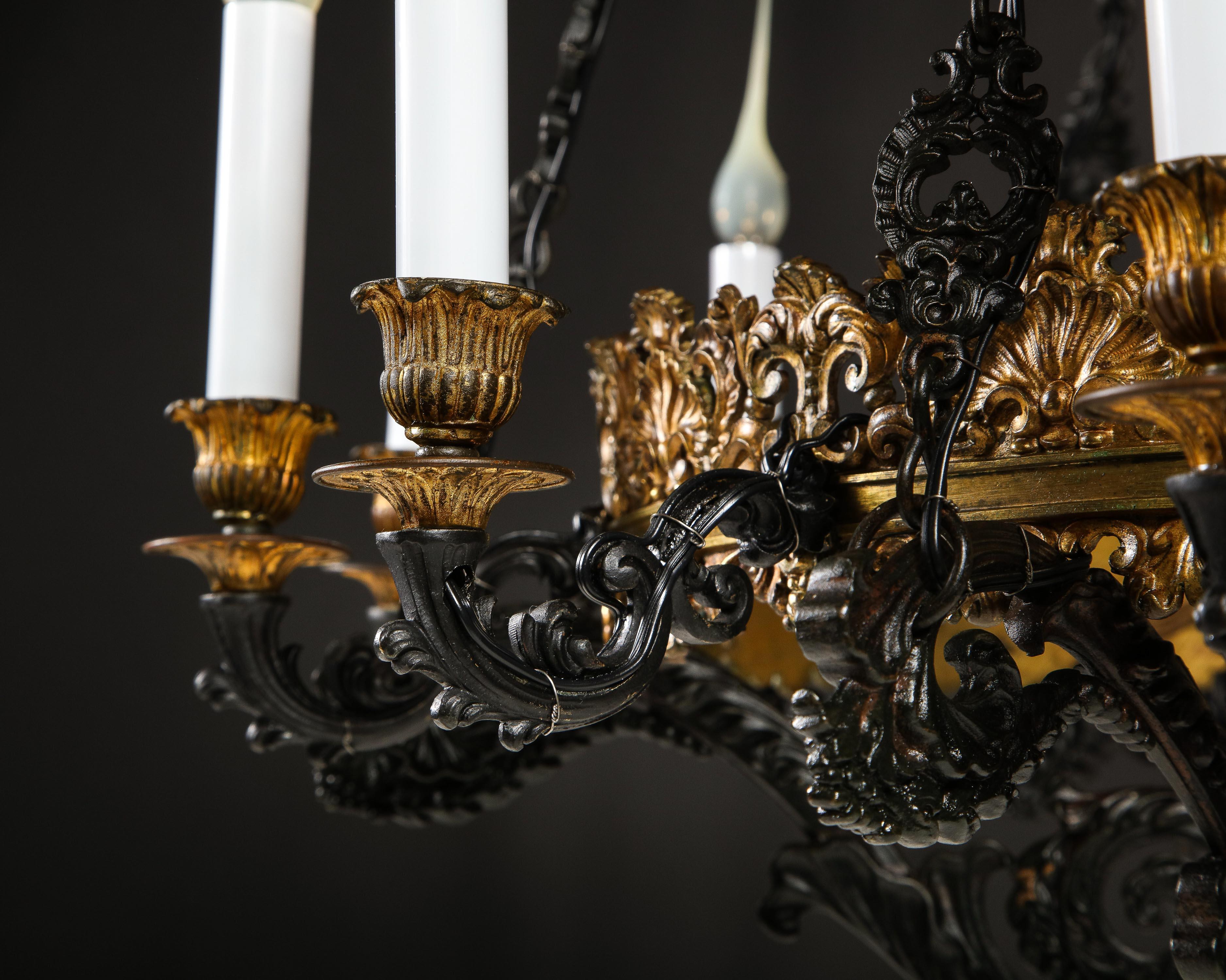 Large Antique French Empire Style Gilt Bronze and Patinated Bronze Chandelier For Sale 8
