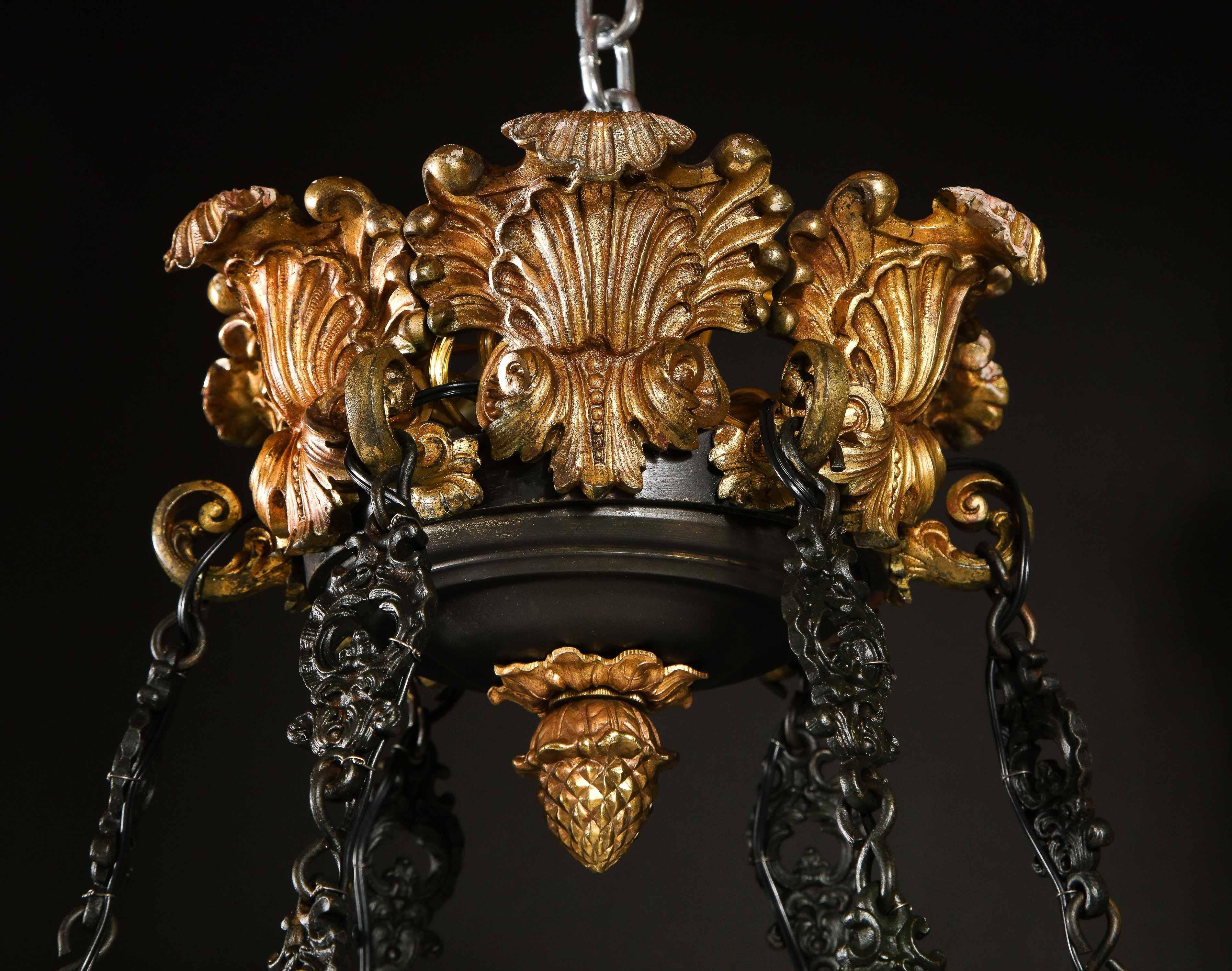 Large Antique French Empire Style Gilt Bronze and Patinated Bronze Chandelier For Sale 11