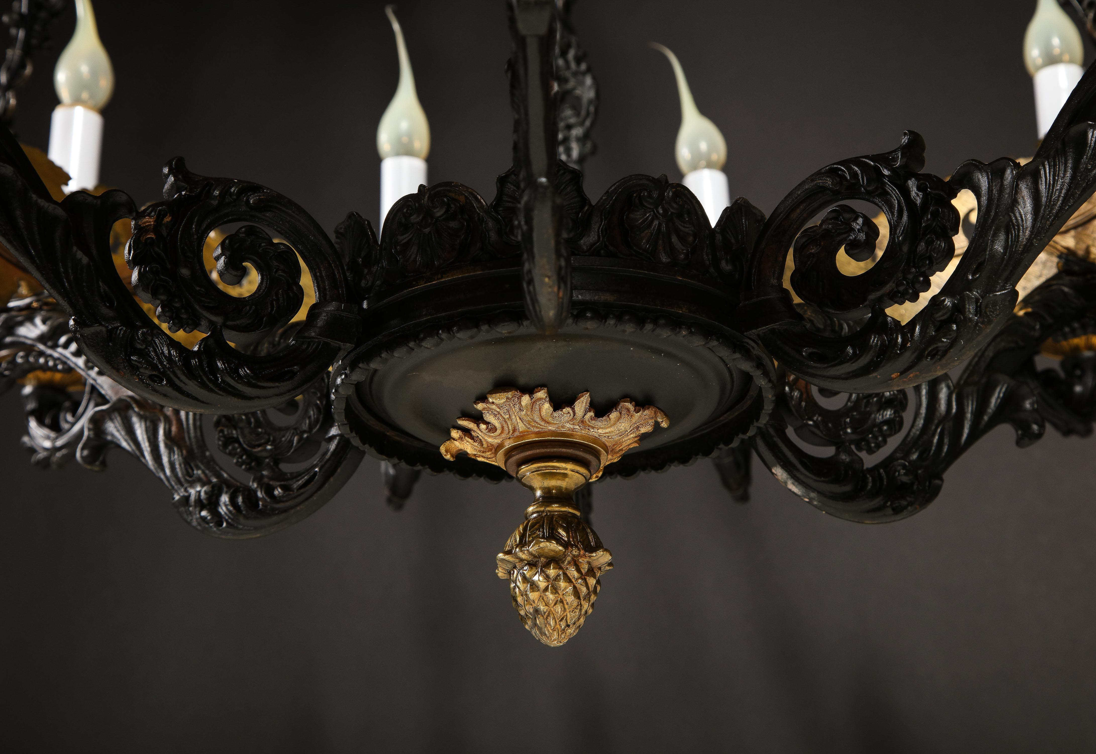 Large Antique French Empire Style Gilt Bronze and Patinated Bronze Chandelier For Sale 13
