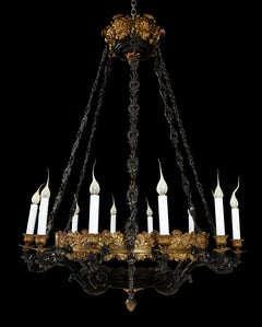 Large Antique French Empire Style Gilt Bronze and Patinated Bronze Chandelier
