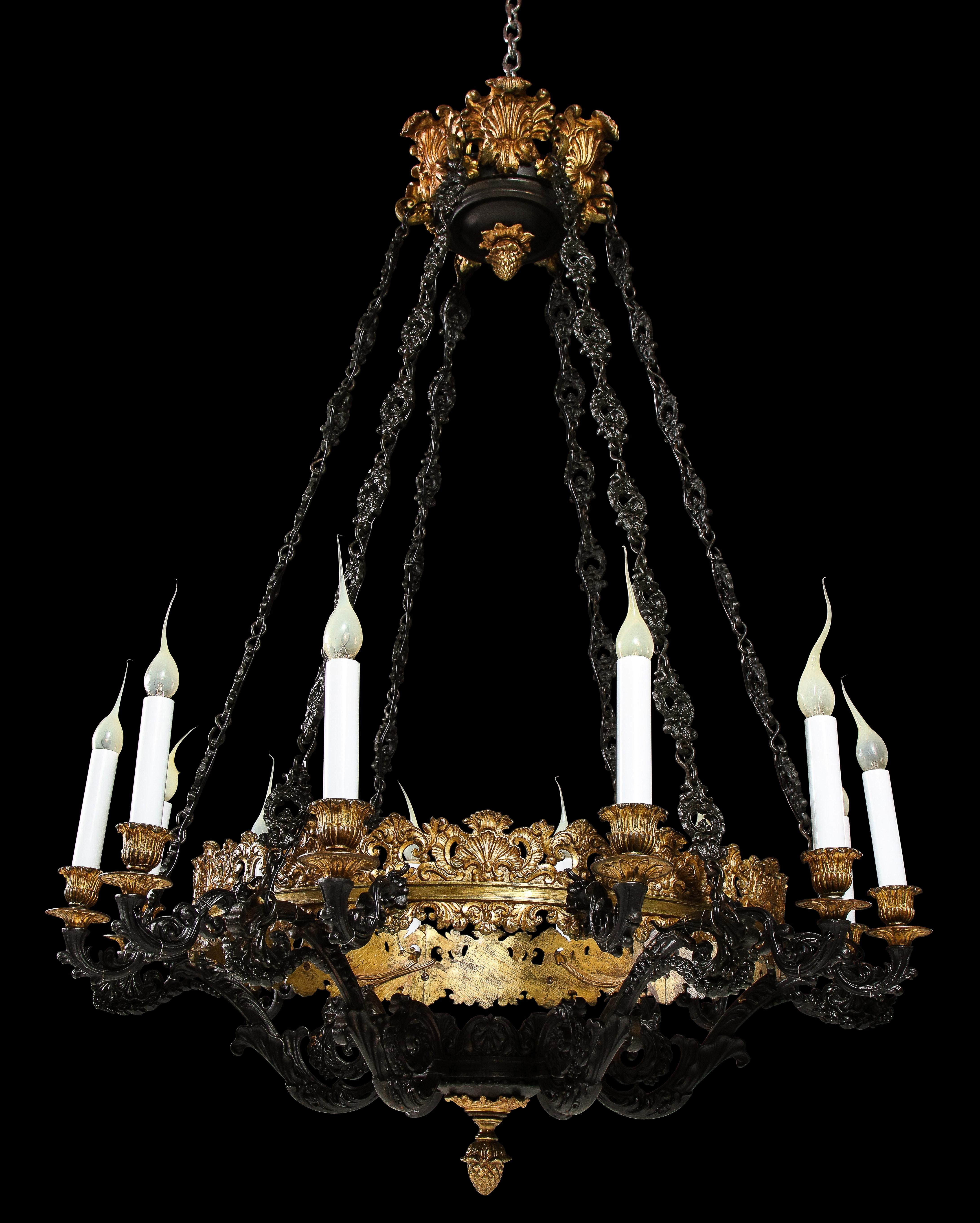 Large Antique French Empire Style Gilt Bronze and Patinated Bronze Chandelier In Good Condition For Sale In New York, NY