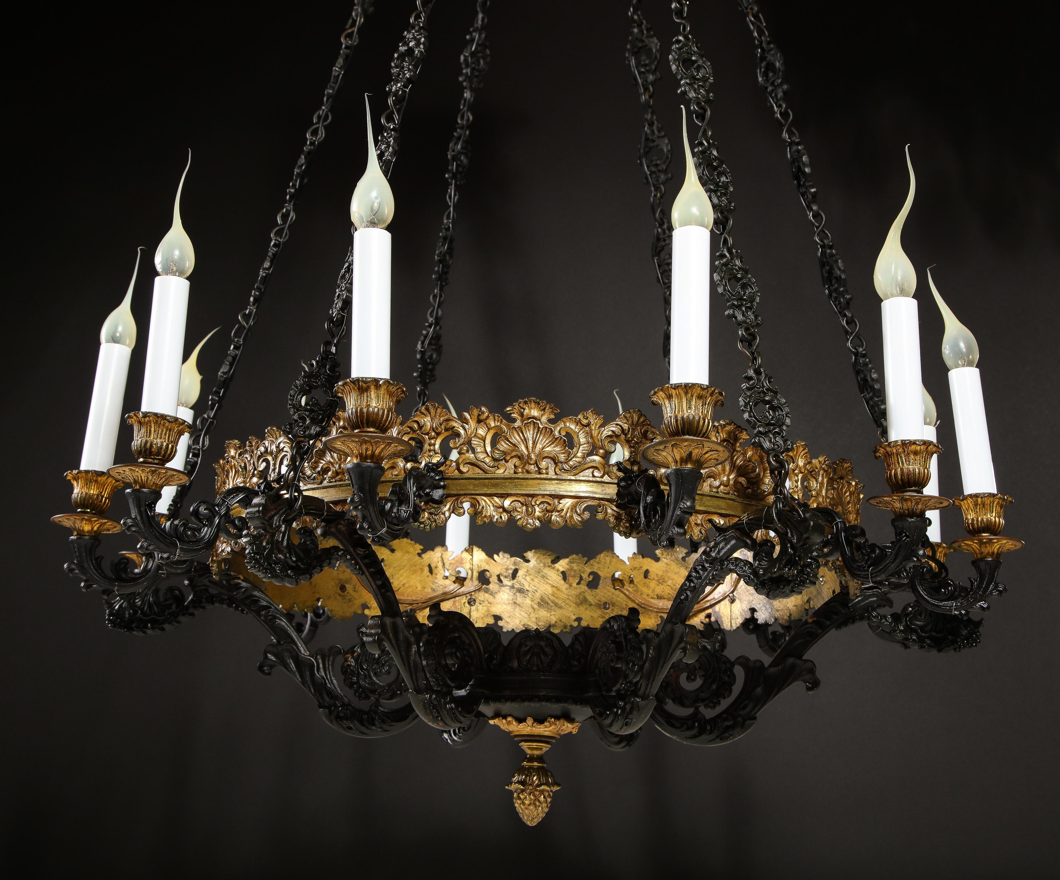 Large Antique French Empire Style Gilt Bronze and Patinated Bronze Chandelier For Sale 2