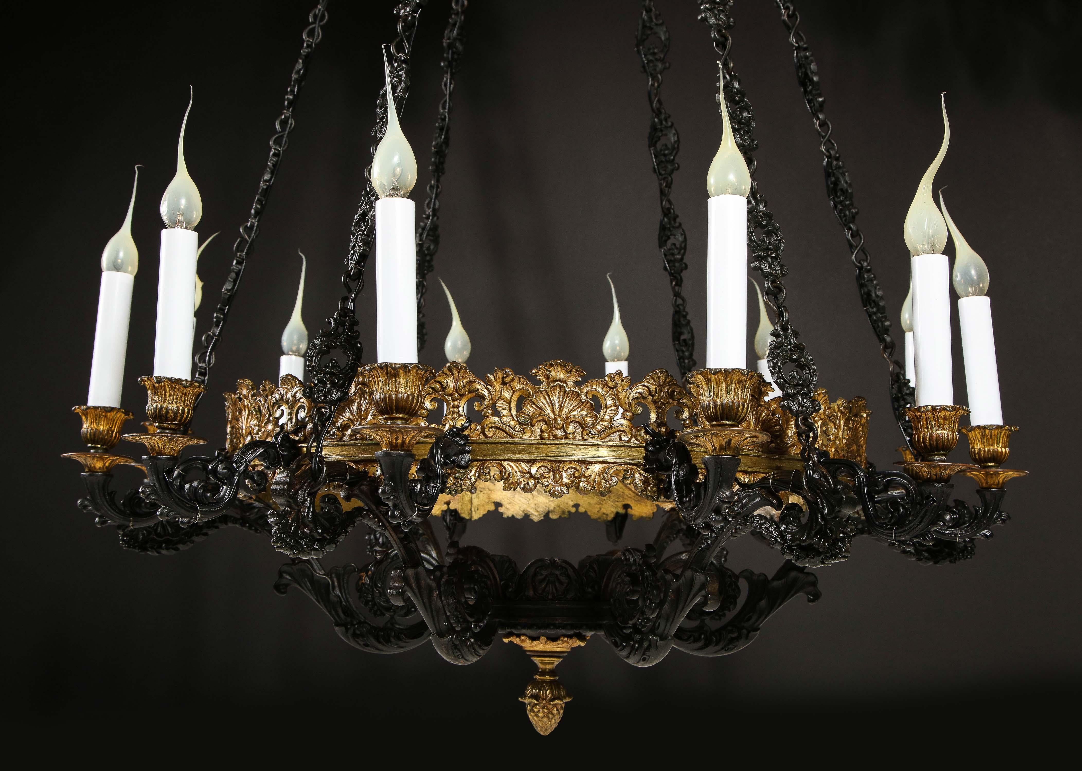 Large Antique French Empire Style Gilt Bronze and Patinated Bronze Chandelier For Sale 4