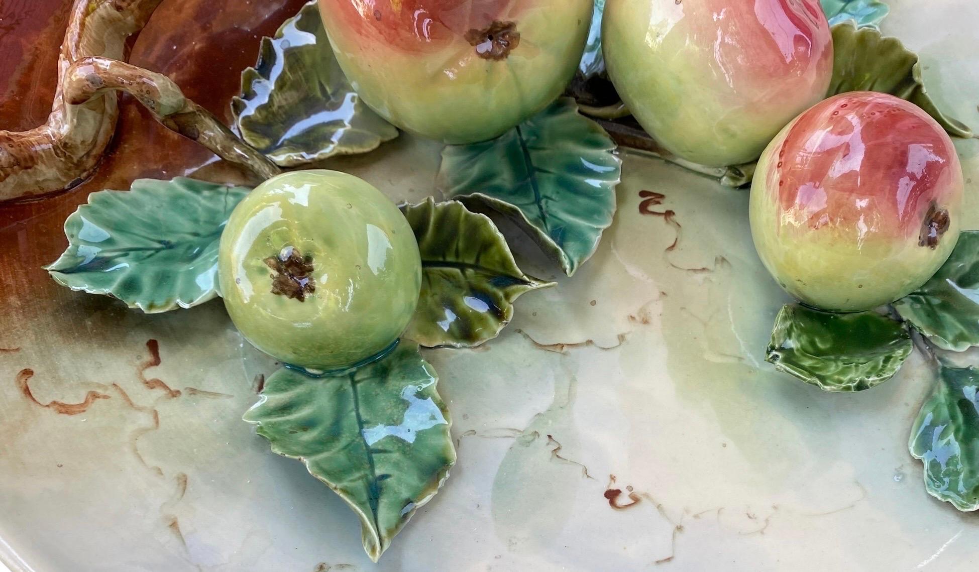 Large Antique French High Relief Majolica Wall Platter of Apples on a Vine For Sale 5