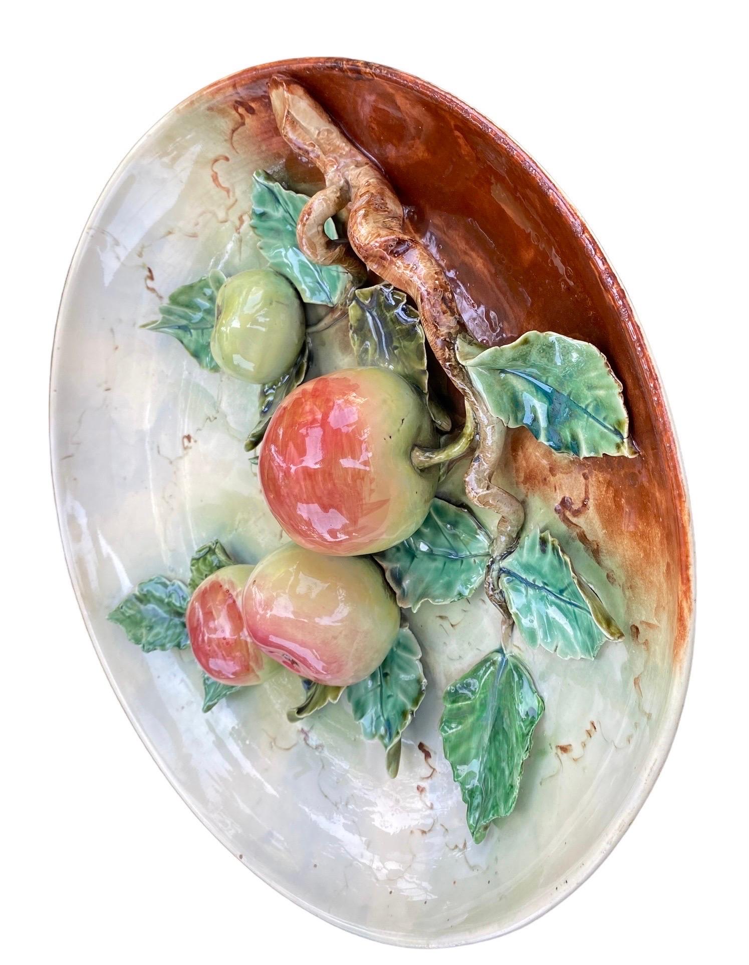 Large Antique French High Relief Majolica Wall Platter of Apples on a Vine For Sale 7