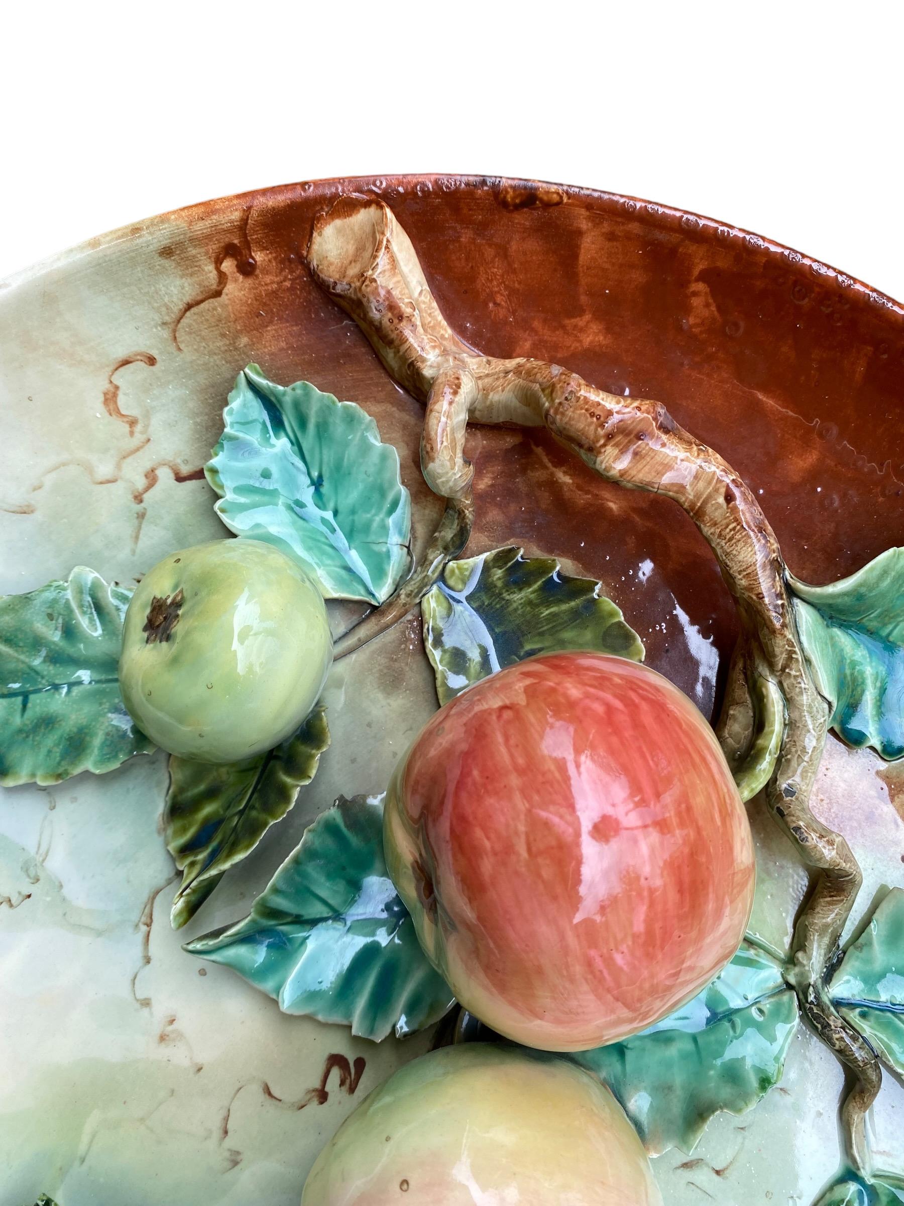 Glazed Large Antique French High Relief Majolica Wall Platter of Apples on a Vine For Sale