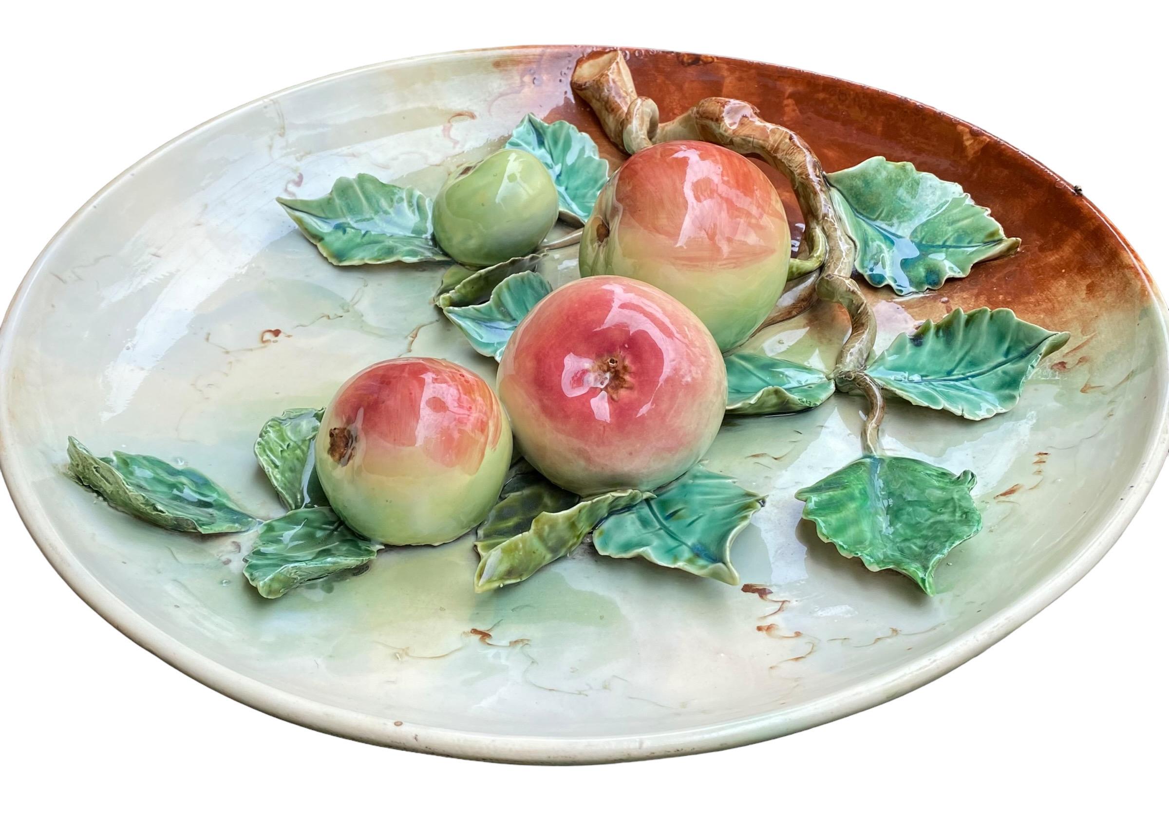 Large Antique French High Relief Majolica Wall Platter of Apples on a Vine For Sale 3