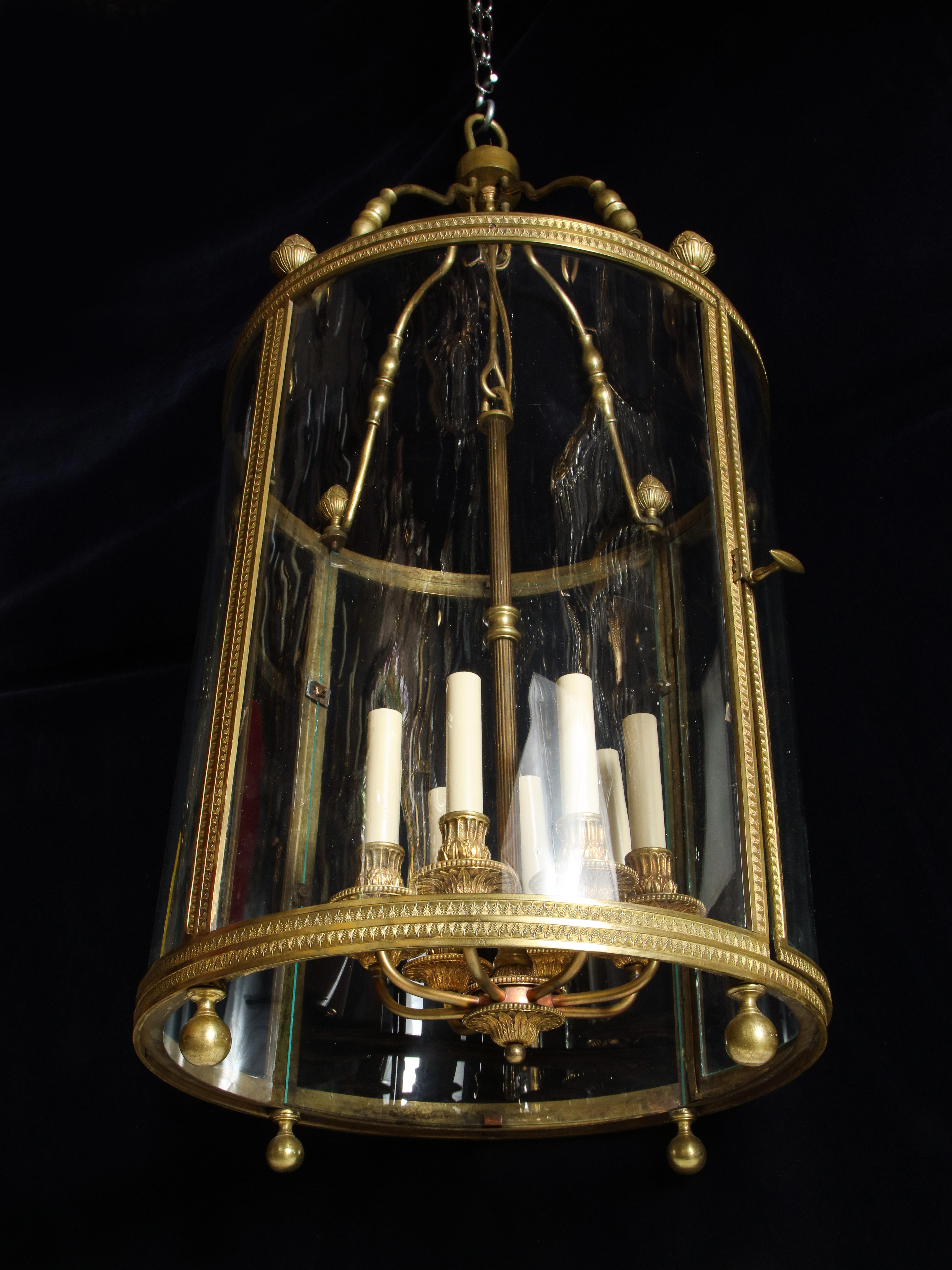 Large Antique French Gilt Bronze and Glass Multi Light Lantern In Good Condition For Sale In New York, NY