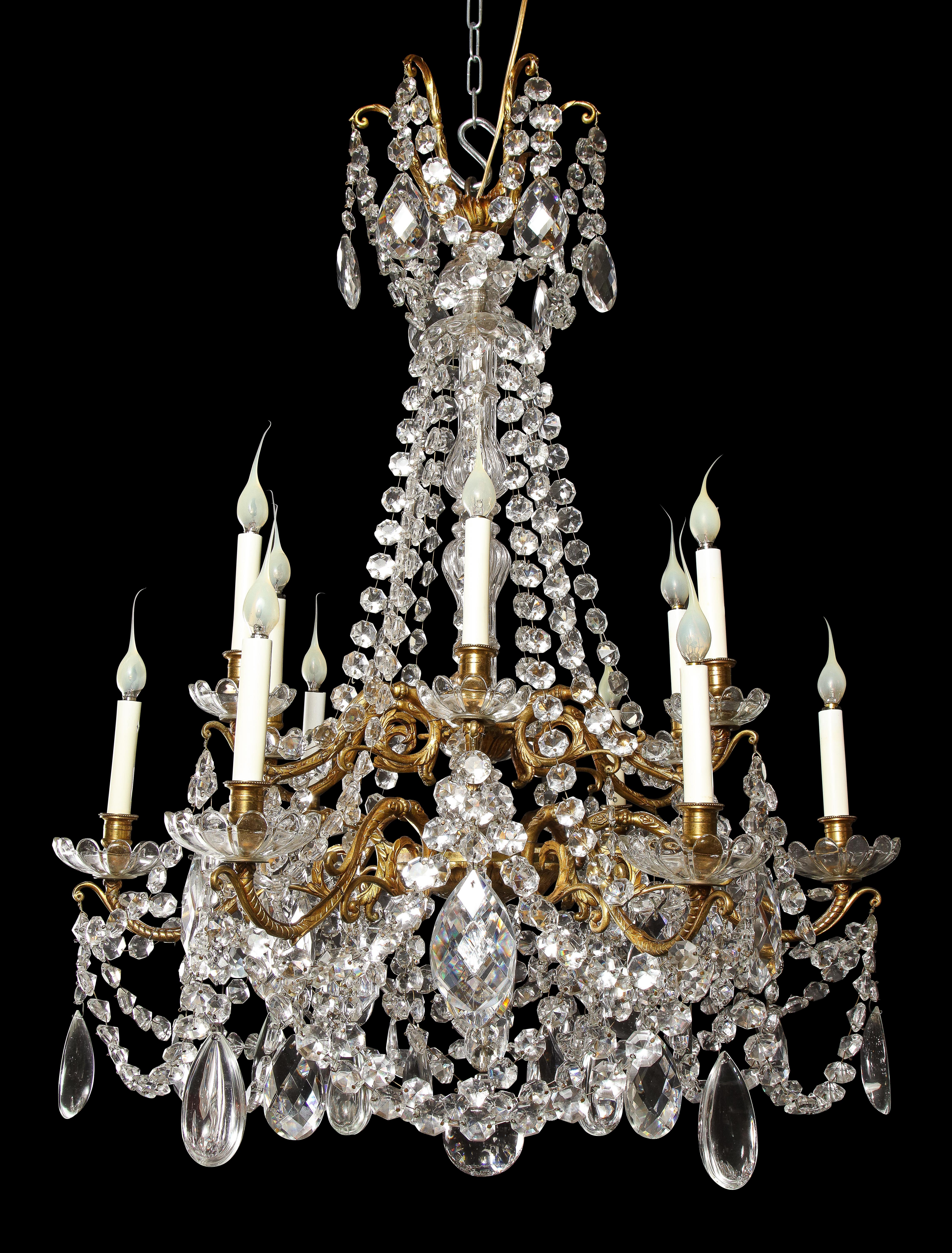 Pressed Large Antique French Louis XVI Style Gilt Bronze and Cut Crystal Chandelier