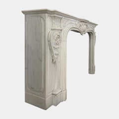 Large Antique French White Marble Rococo Fireplace Mantel