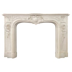 Large Antique French White Marble Rococo Fireplace Mantel