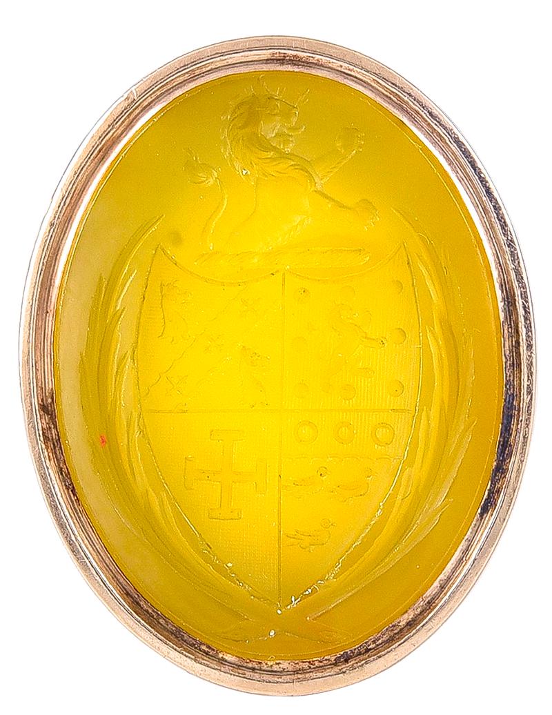 Women's or Men's Antique Georgian 18 Karat Gold and Yellow Agate Intaglio Fob Seal For Sale