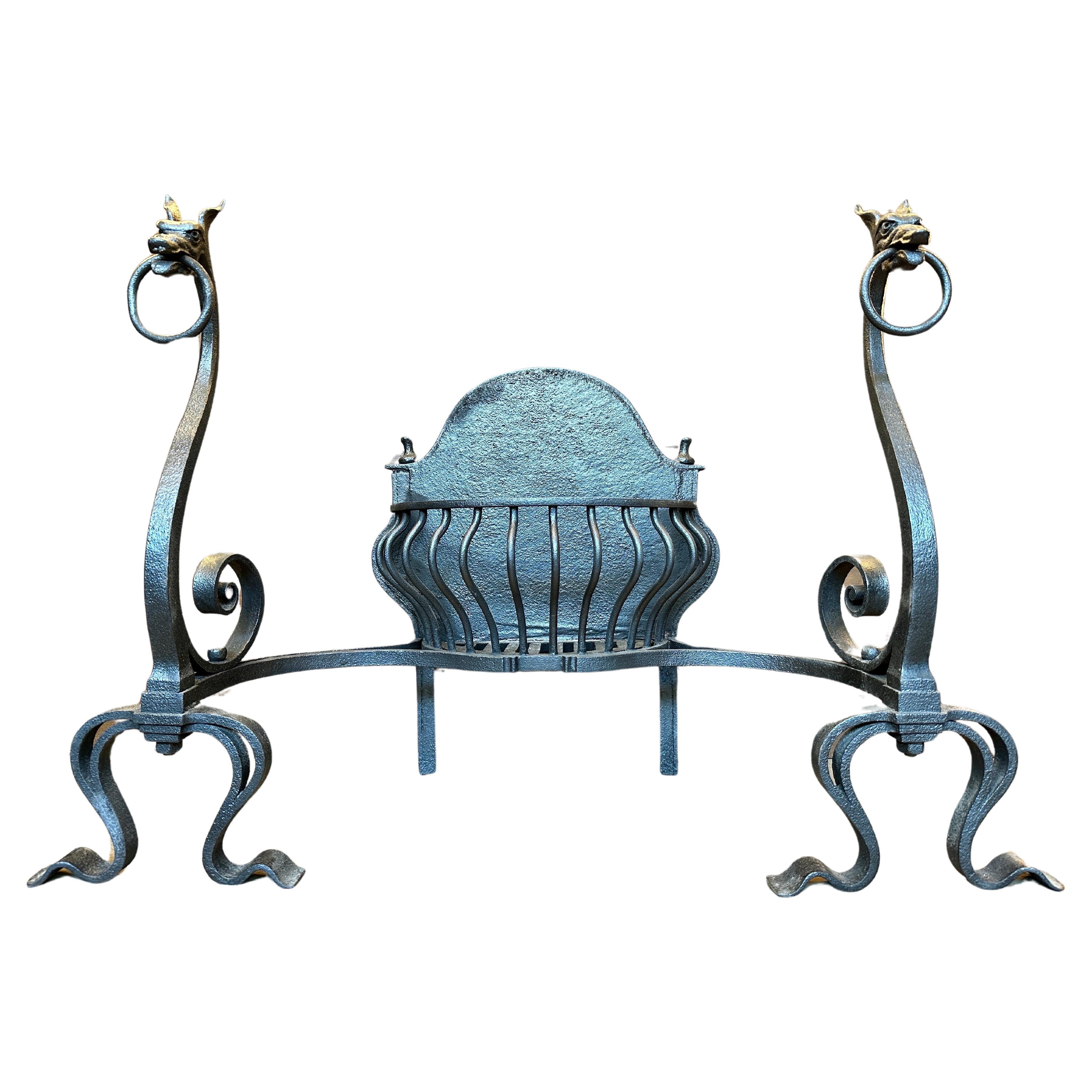 A Large Antique Gothic Wrought Iron Fire Grate  For Sale