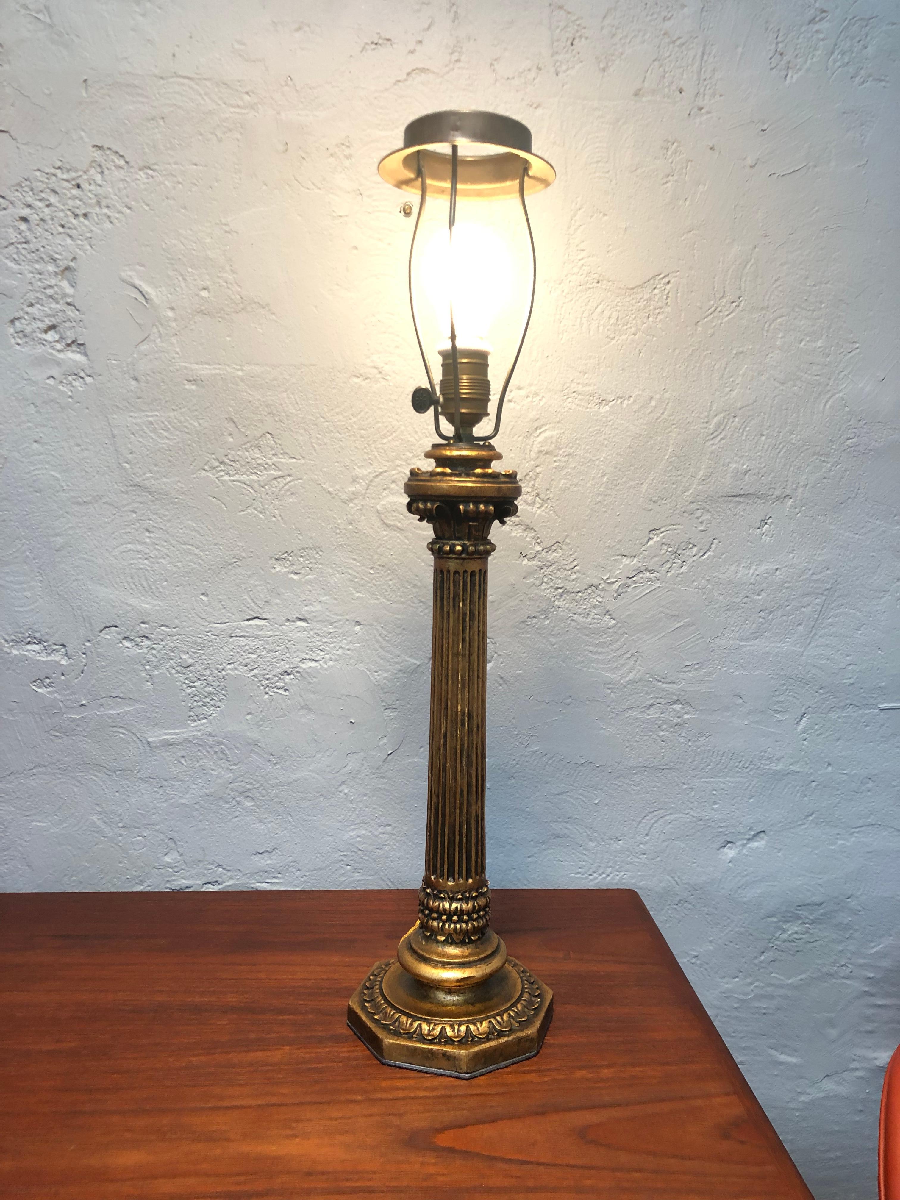 Large Antique Hand Carved Corinthian Gilted Table Lamp For Sale 4
