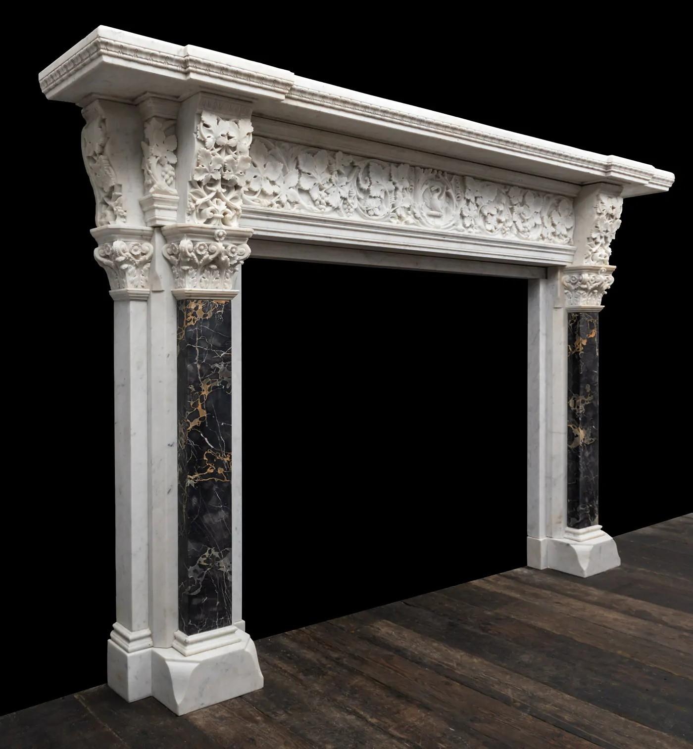Hand-Carved A large antique Italian Carrara marble renaissance style mantel fireplace For Sale