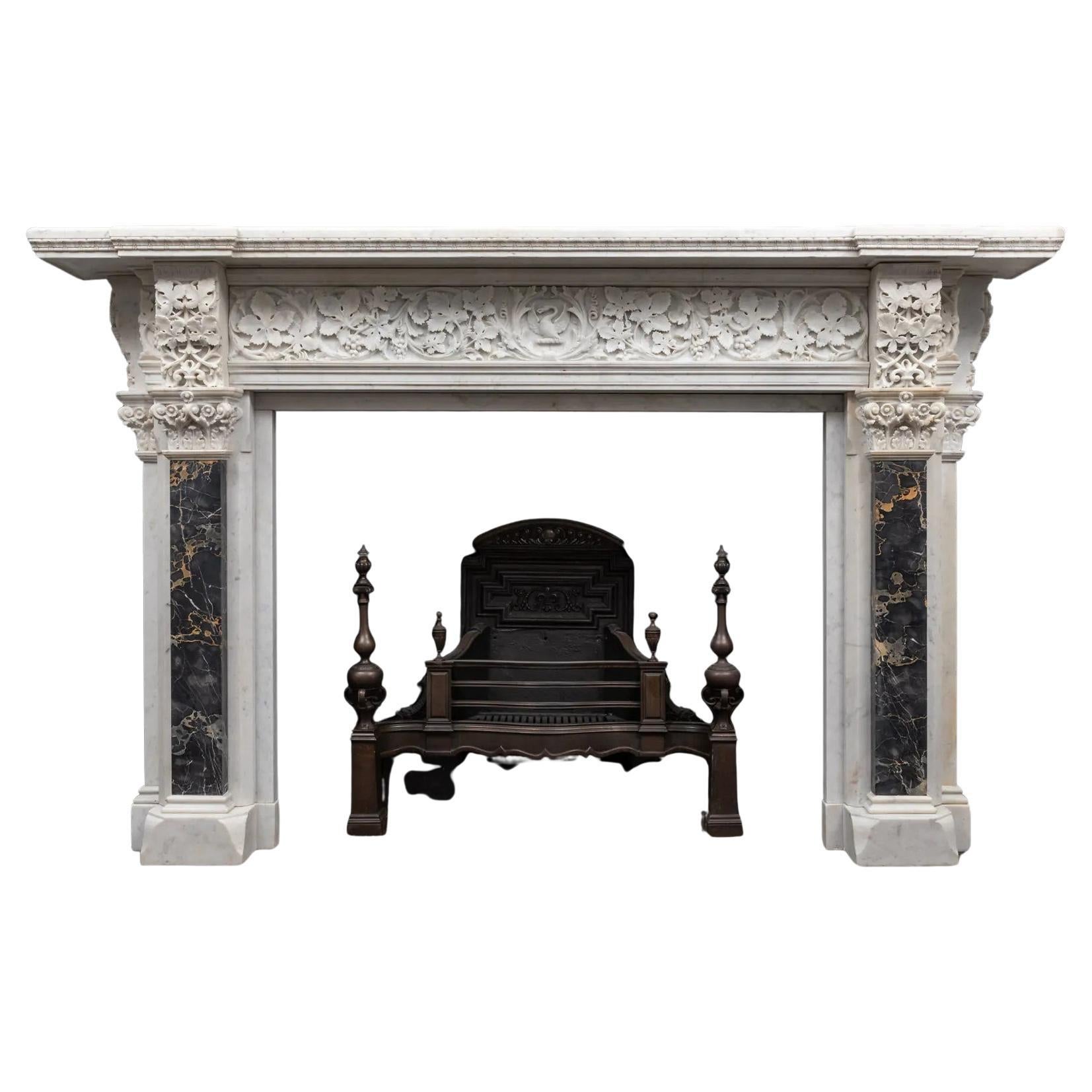 A large antique Italian Carrara marble renaissance style mantel fireplace For Sale