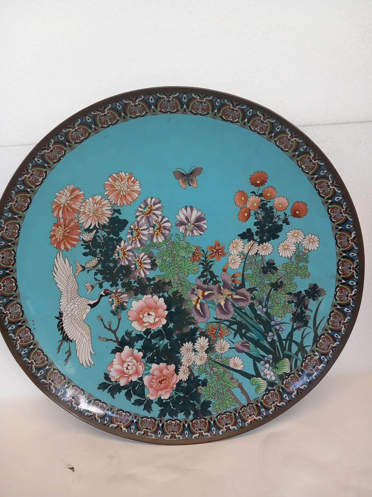 A large antique Japanese Meiji period cloisonné enamel charger 3