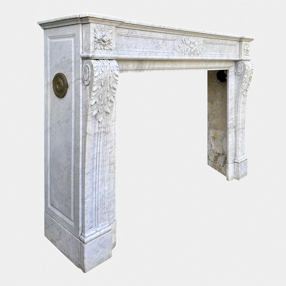 Hand-Carved A Large Antique Louis XVI Carrara Marble Fireplace mantel  For Sale