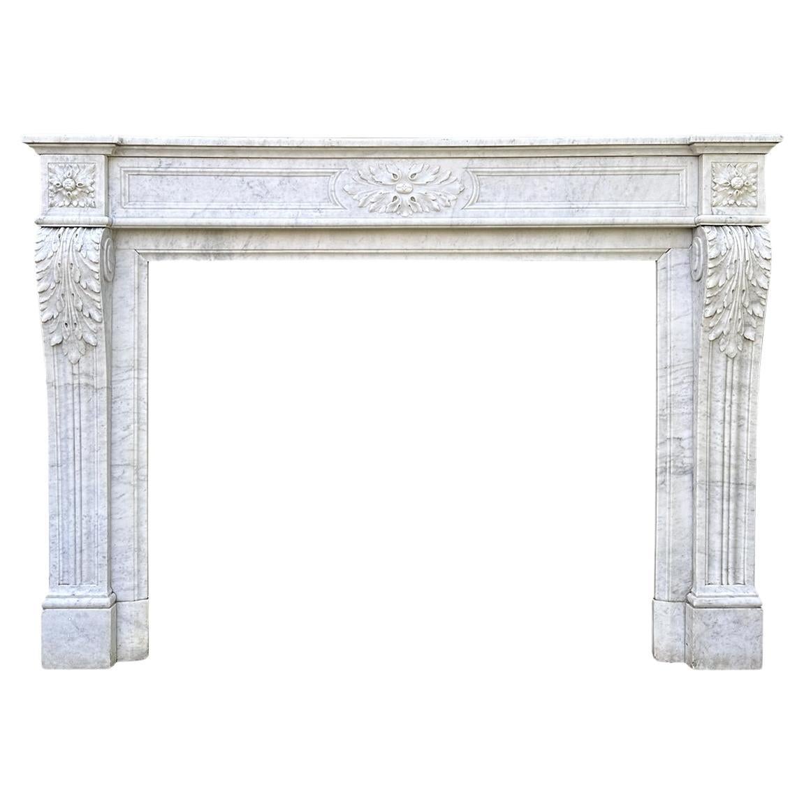 A Large Antique Louis XVI Carrara Marble Fireplace mantel  For Sale