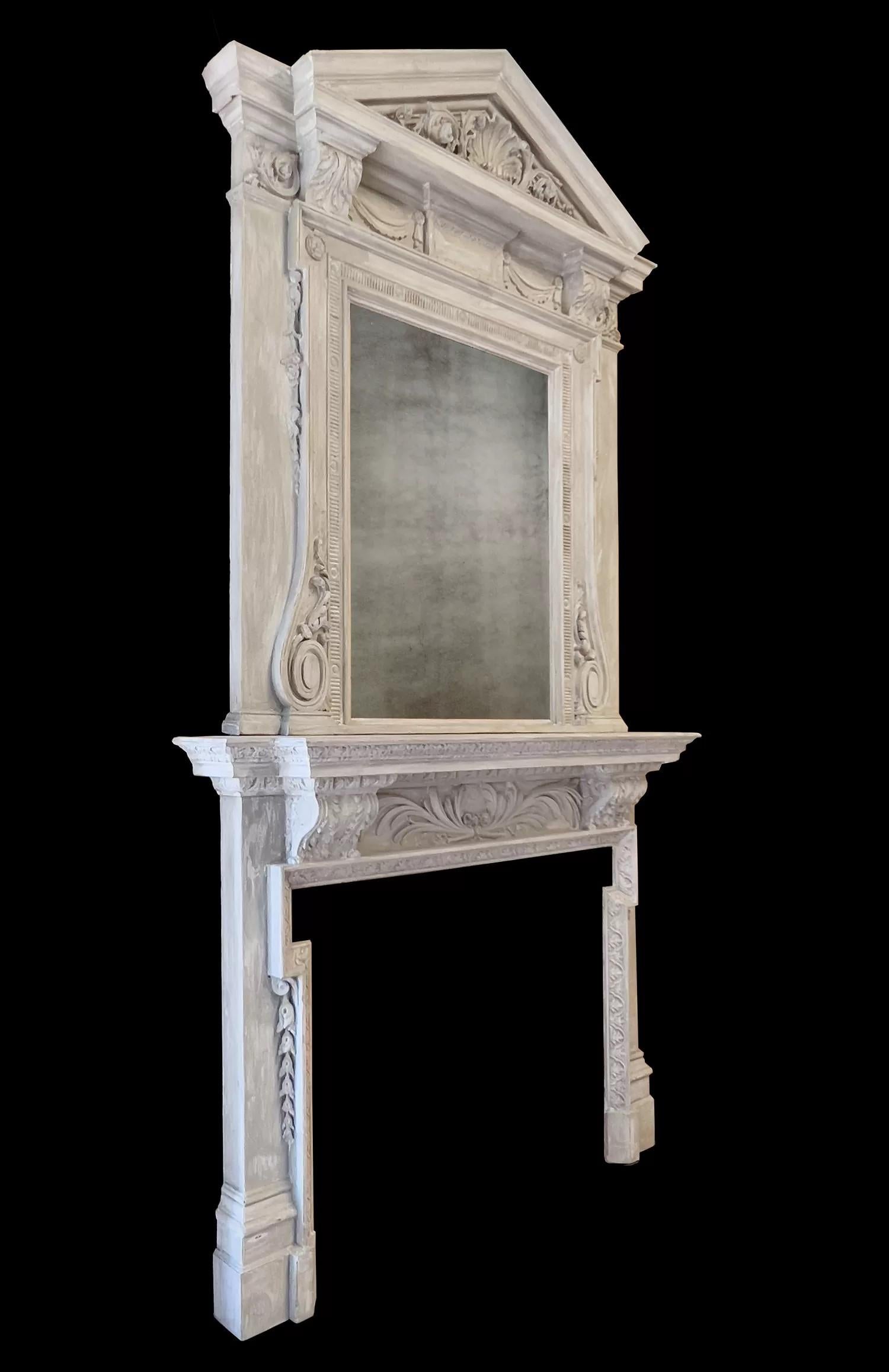 Hand-Painted A large antique painted wooden fireplace with overmantel mirror For Sale