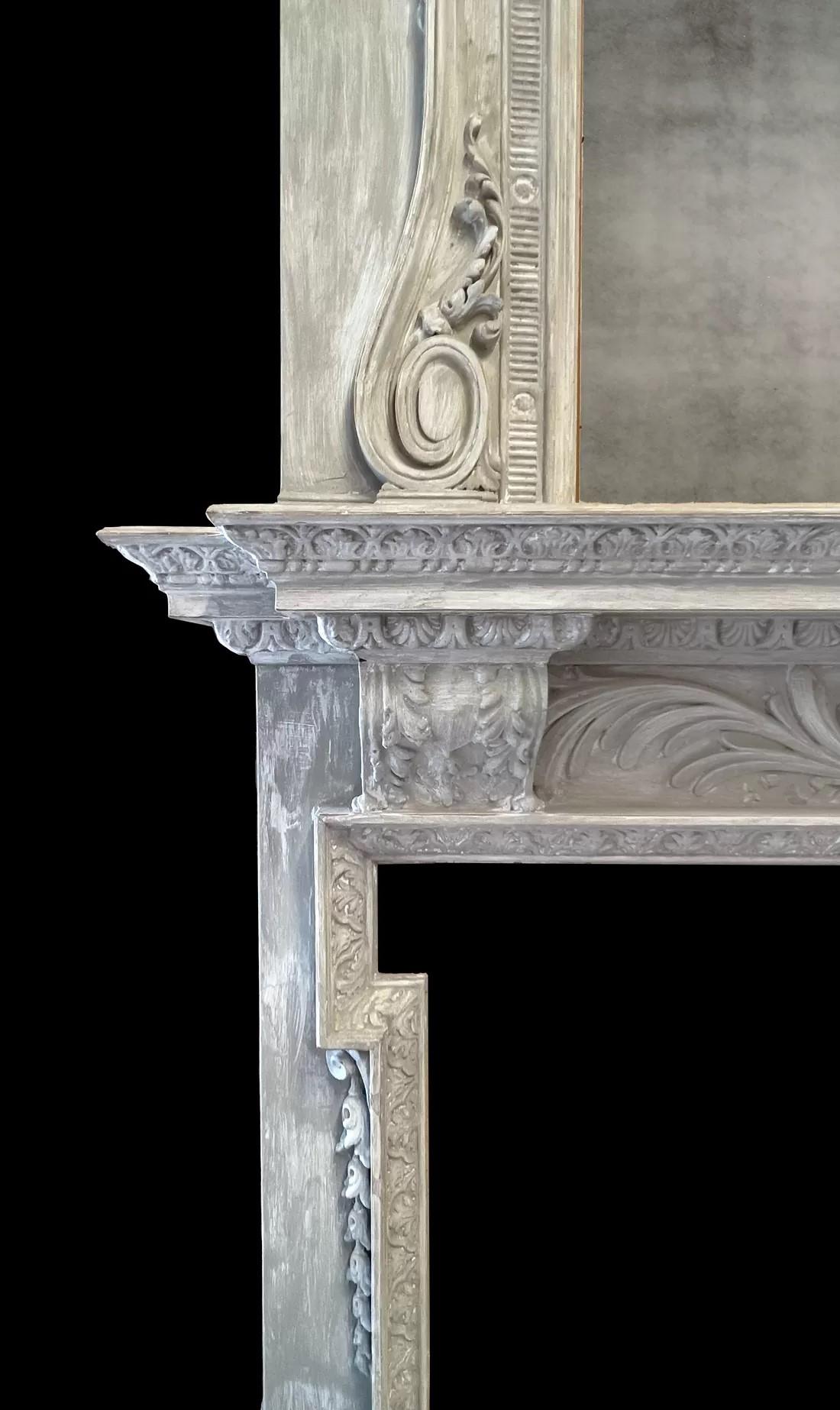 A large antique painted wooden fireplace with overmantel mirror In Good Condition For Sale In Tyrone, Northern Ireland