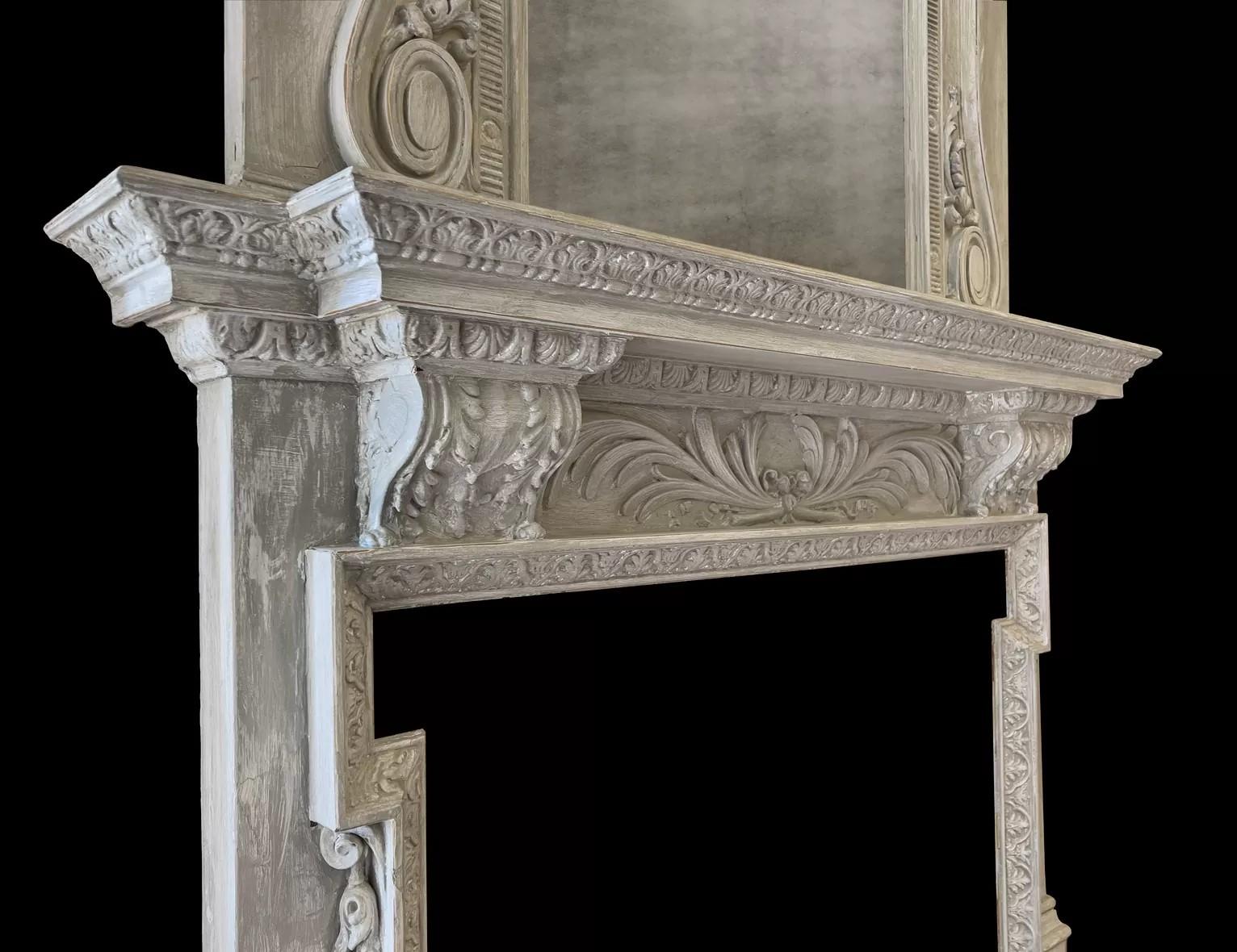 19th Century A large antique painted wooden fireplace with overmantel mirror For Sale