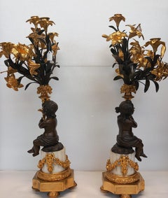 A large antique pair of French neoclassical candelabra in dark and gilt bronze