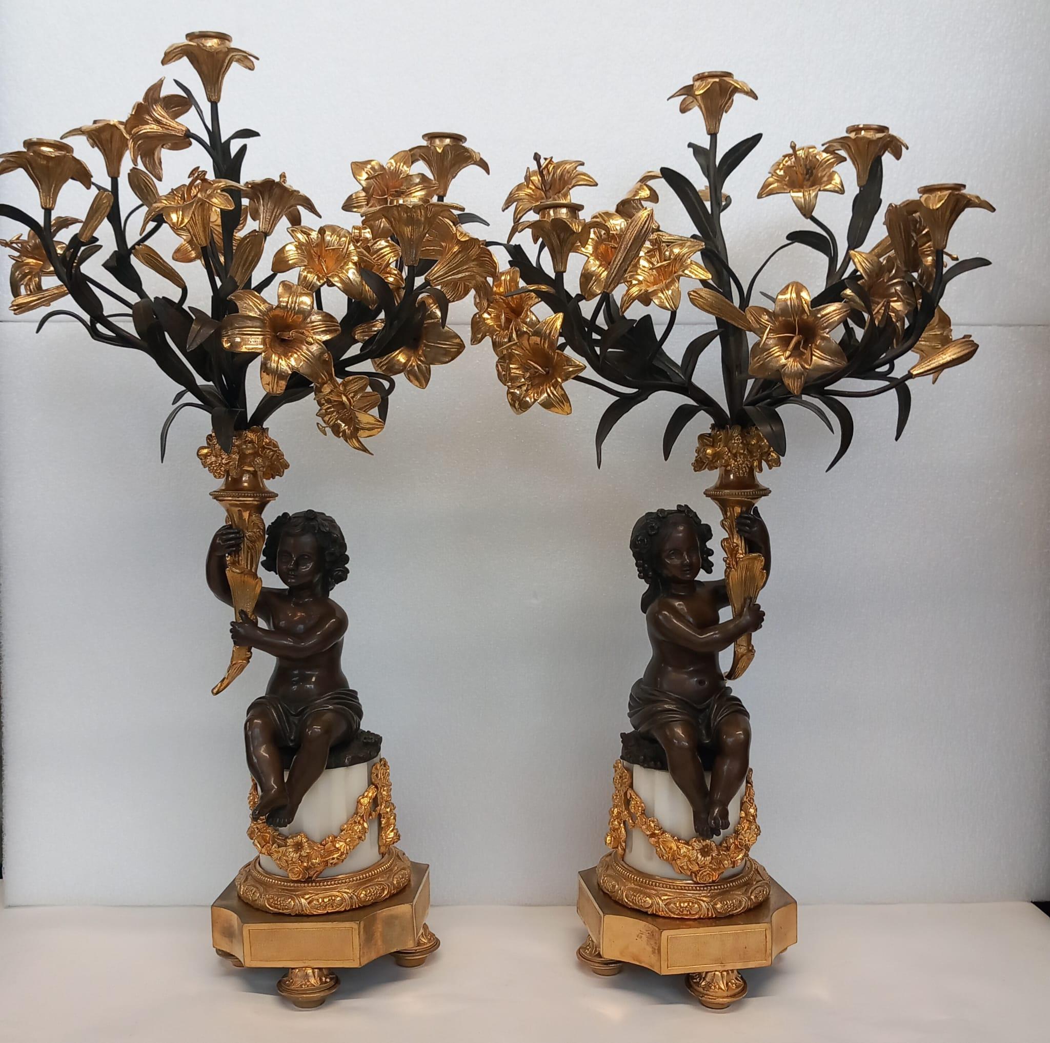 Louis XIV A large antique pair of French neoclassical candelabra in dark and gilt bronze  For Sale