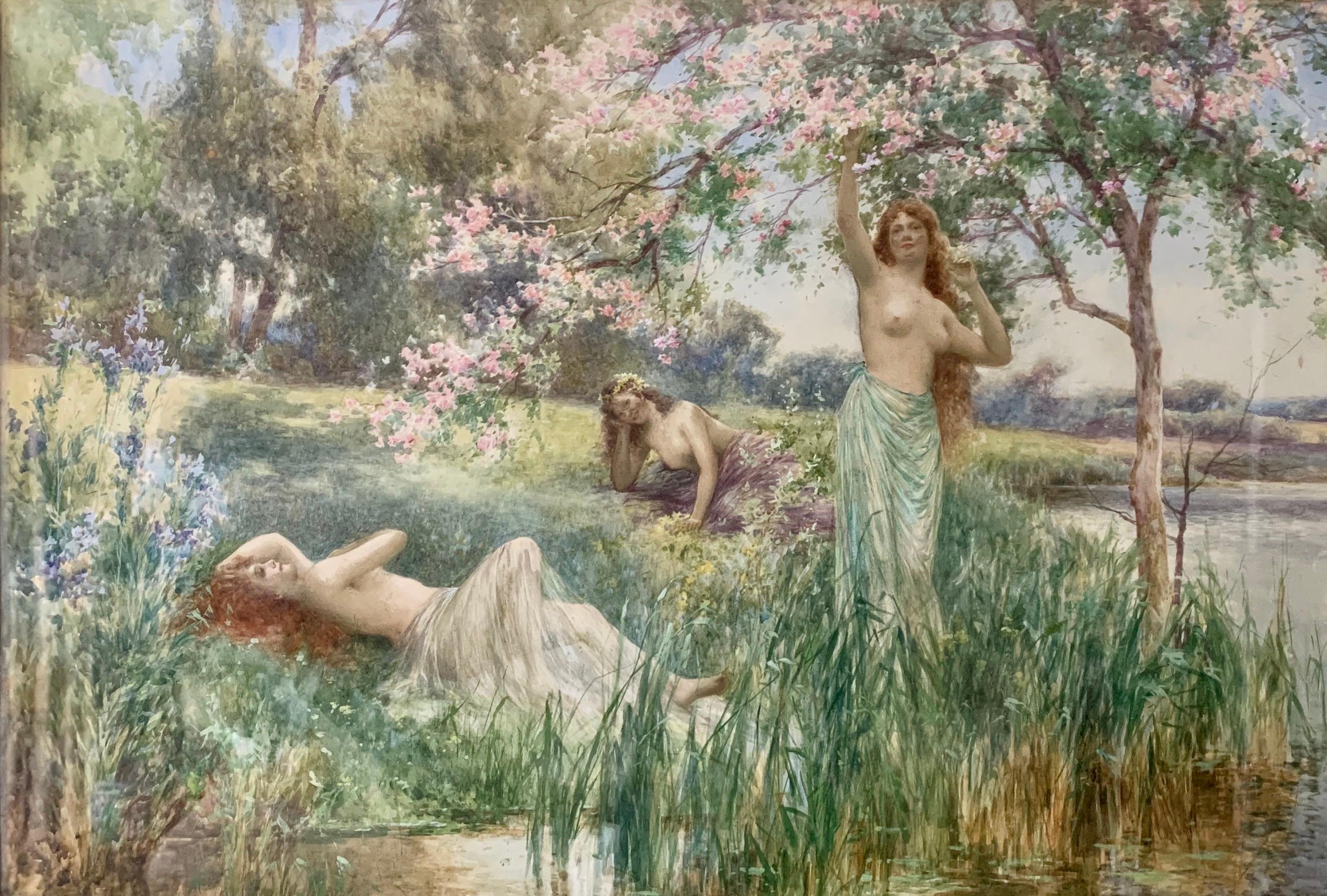 A rare large pre raphaelite painting by this celebrated British Artist
A classic fantasy of semi clad maidens in an idyllic springtime
pastoral scene.
This fabulous painting is steeped in English history.
is in very good all round condition and
