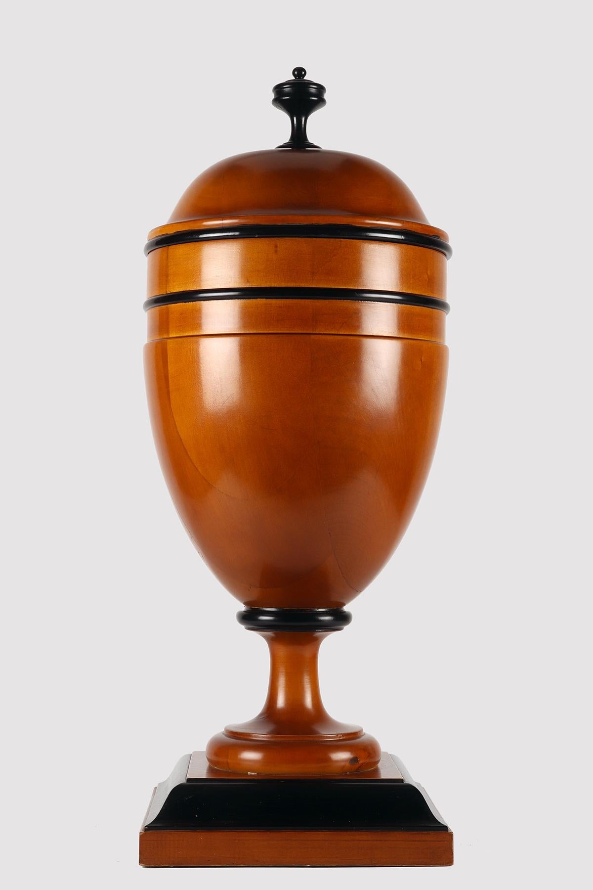 Grand pot d'apothicaire-herboriste avec couvercle dans le plus pur style Biedermeier. Fabriqué en bois d'érable, la surface est traitée à la gomme-laque et à la cire d'abeille, les bords et le bouton sont laqués en noir. Venant de