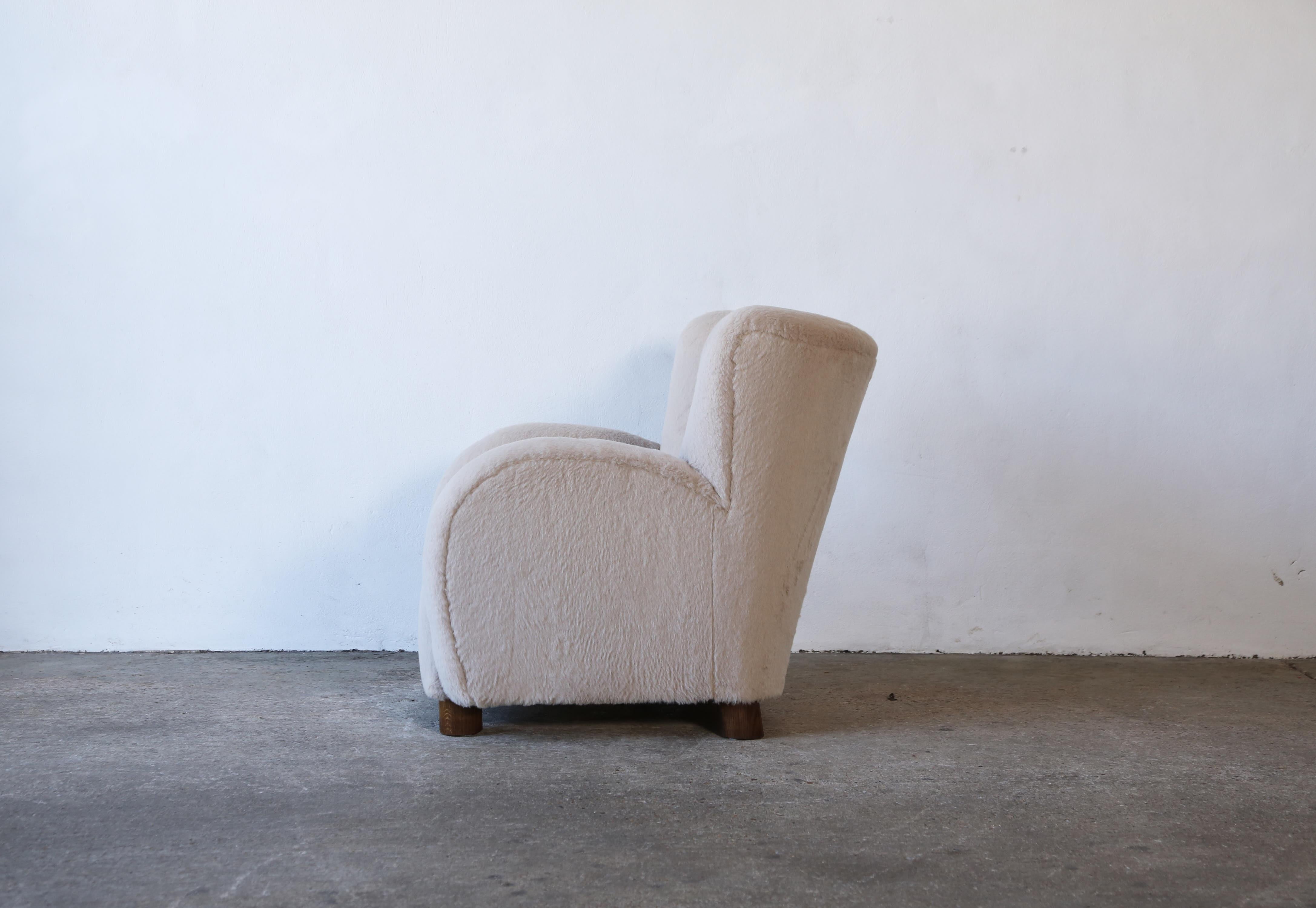 20th Century Large Armchair, Reupholstered in Pure Alpaca Wool, Denmark, 1950s For Sale