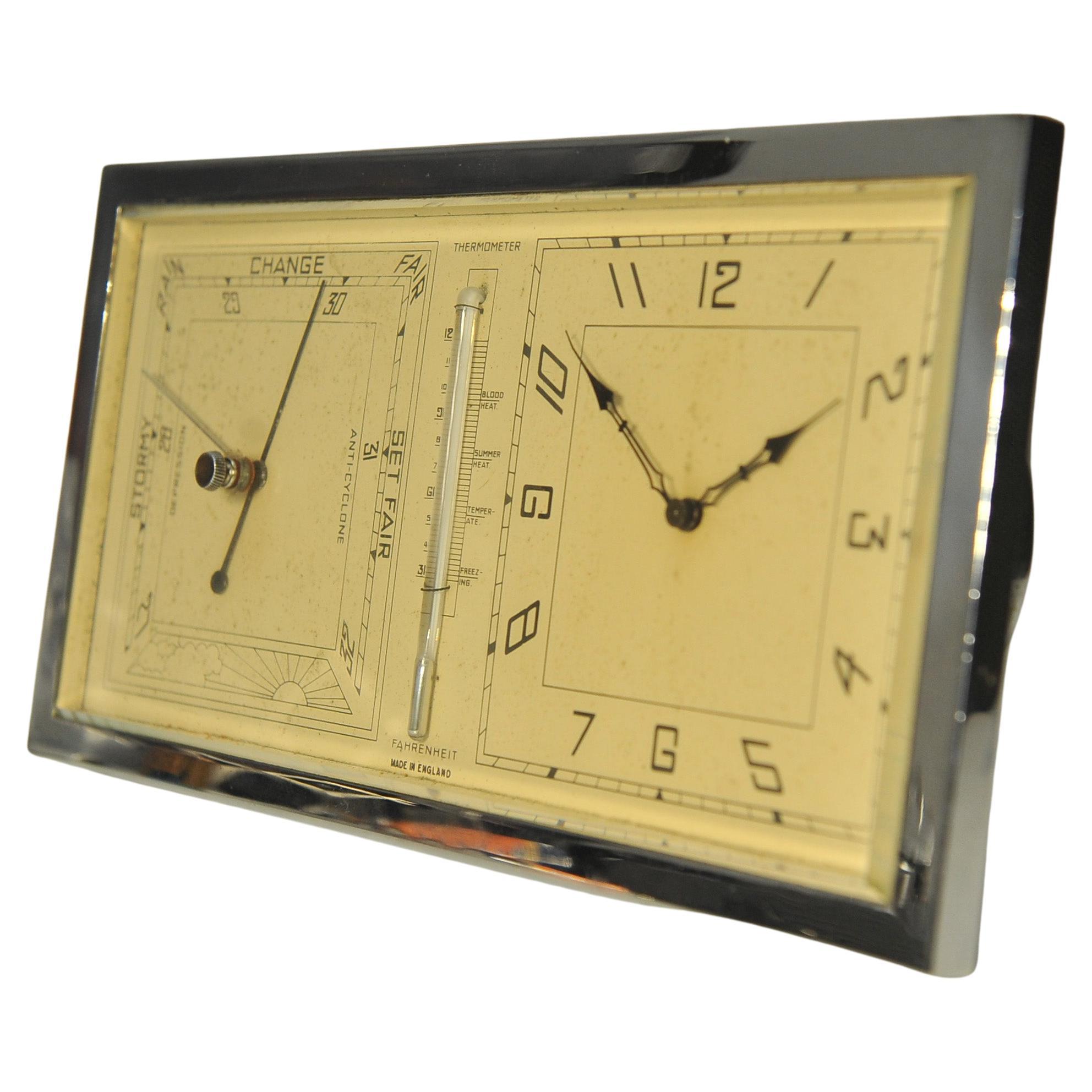Un grande orologio da tavolo Art Deco ABEC cromato con 8 giorni di lavoro e indicatore di temperatura su un supporto pieghevole. 

Il vetro smussato lascia spazio al quadrante dipinto con numeri romani. 
Bellissimo volto di tipo art deco.

Movimento