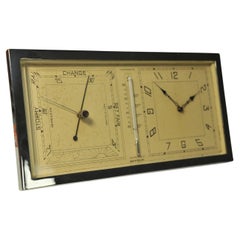 A Large Art Dec Chrome 8 Day Desk Clock With Temperature Gauge On A Stand 1930s