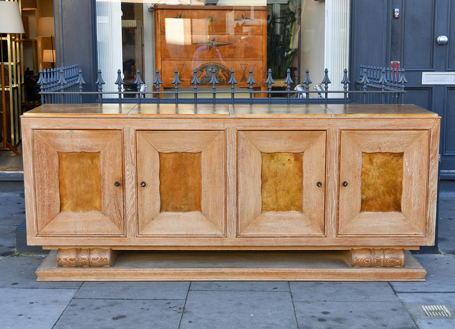 French Large Art Deco Limed Oak and Velum Sideboard, by Perdoni Lombard