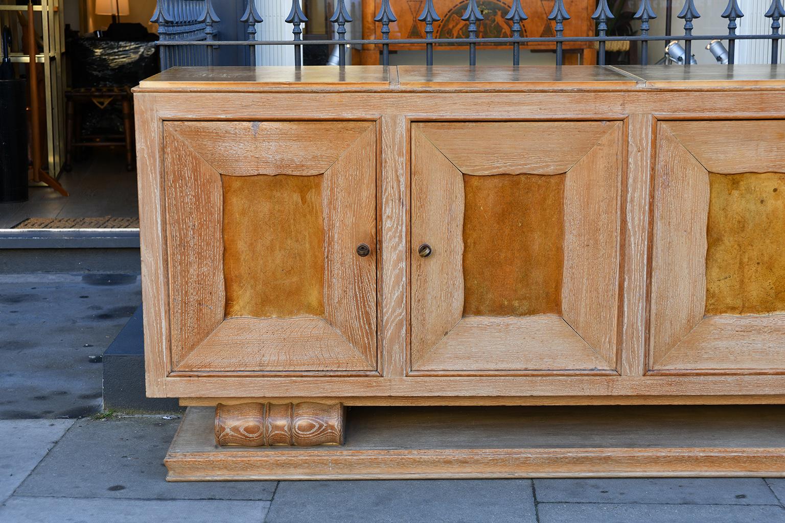 Large Art Deco Limed Oak and Velum Sideboard, by Perdoni Lombard In Good Condition In London, GB