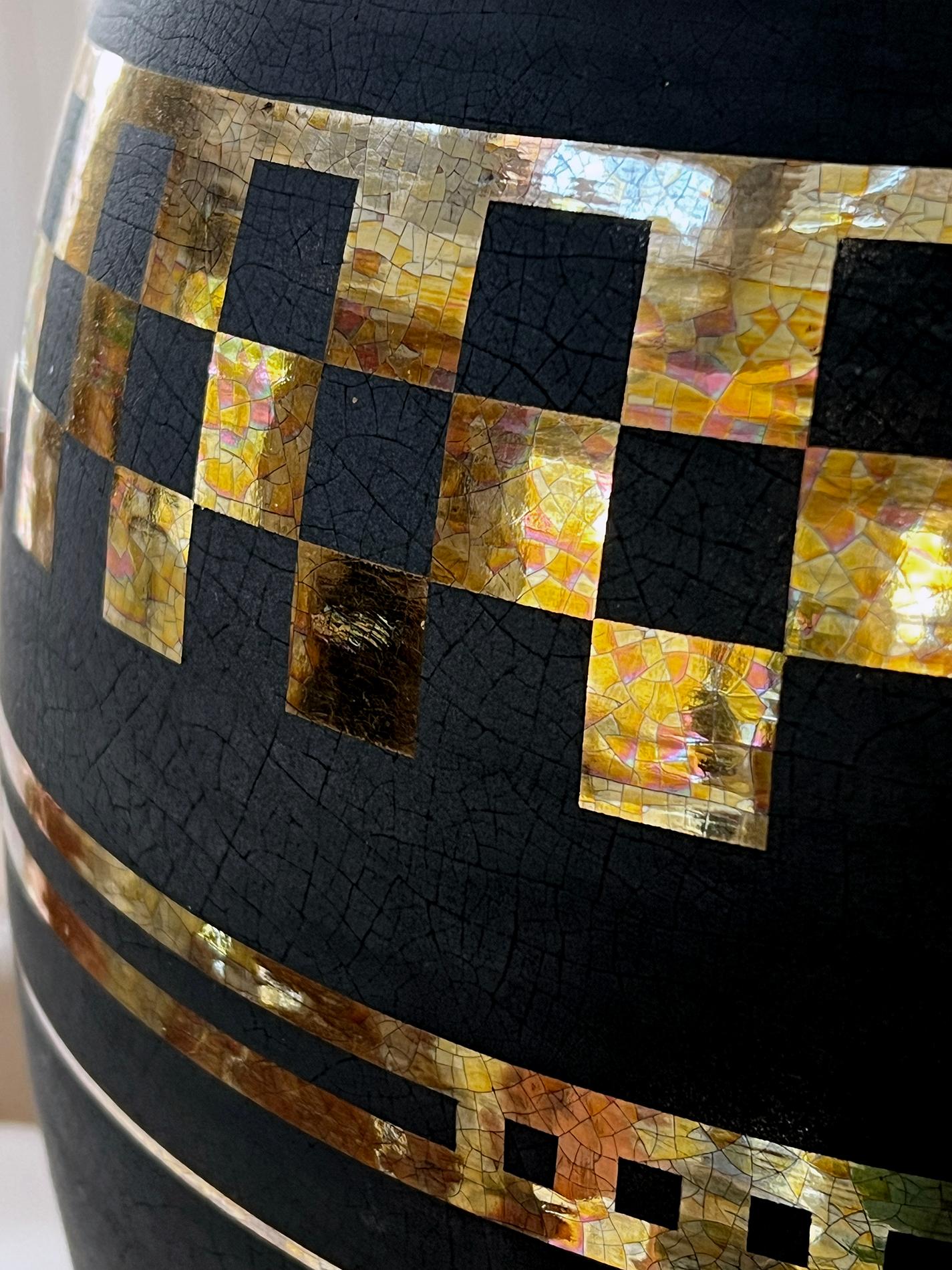 A Large Art Deco Style Black Glazed Ovoid Vase with Gilt Geometric Decoration In Good Condition For Sale In San Francisco, CA