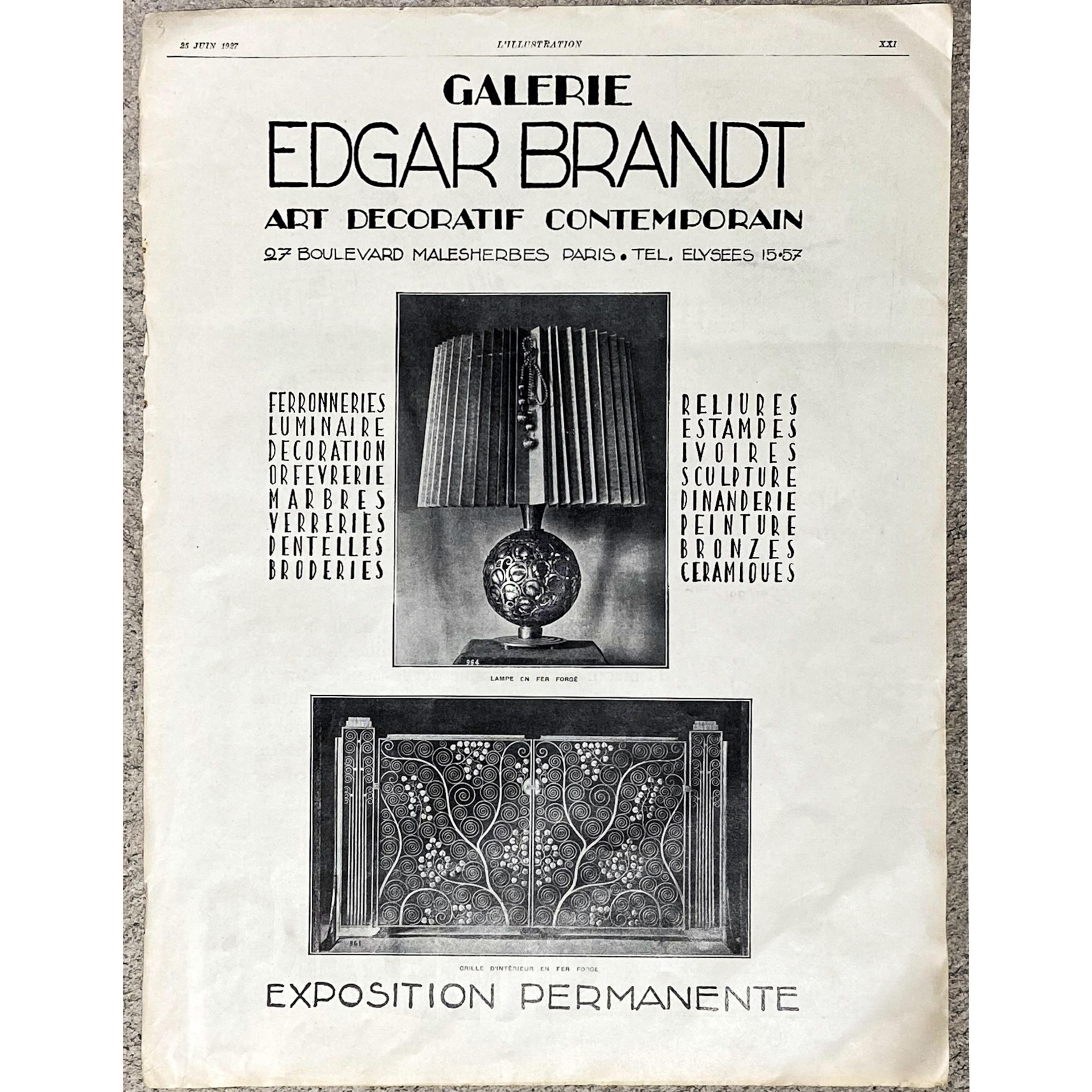 A large Art Deco wrough iron lamp designed by Edgar Brandt, Stamped 