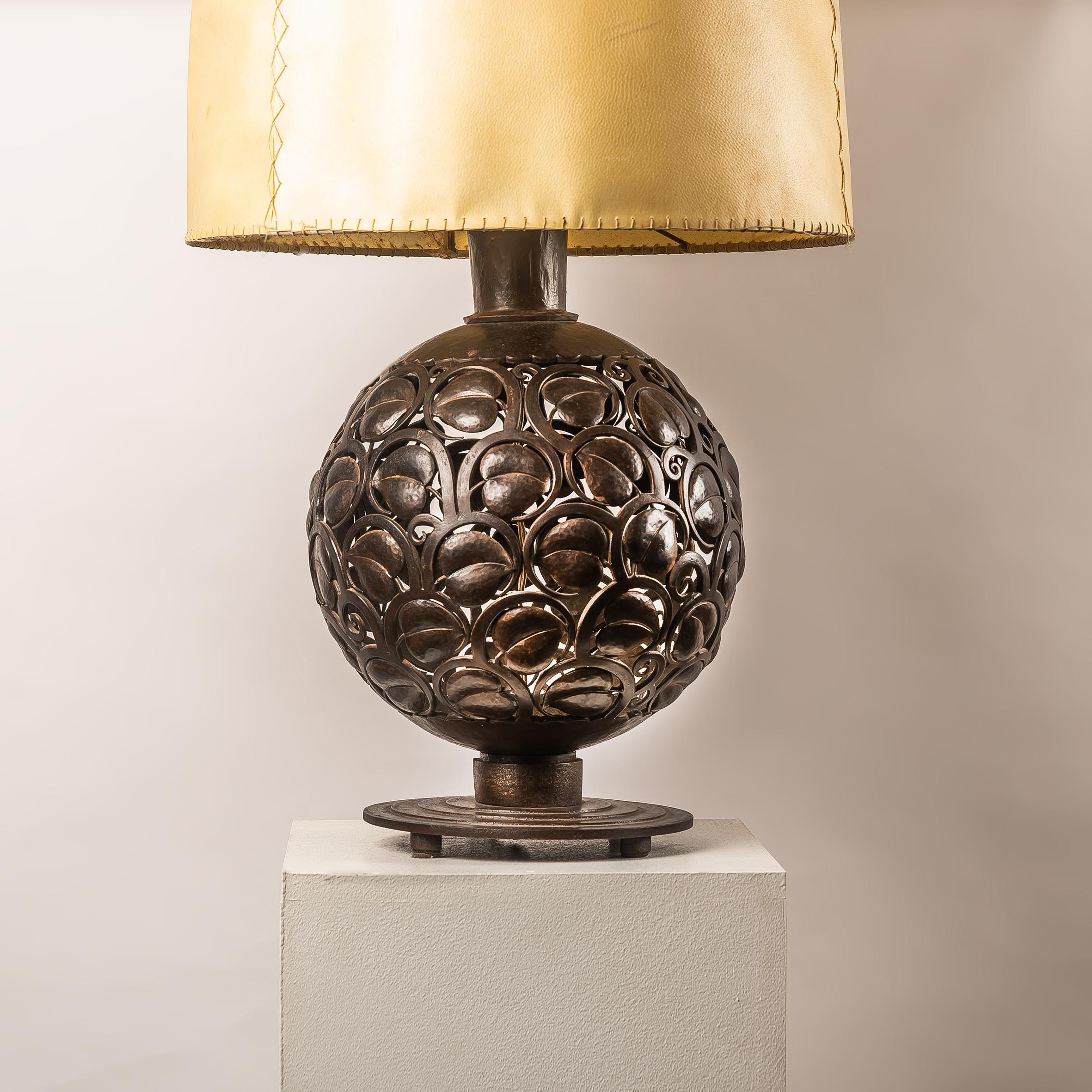 French A large Art Deco wrough iron lamp designed by Edgar Brandt, Stamped 