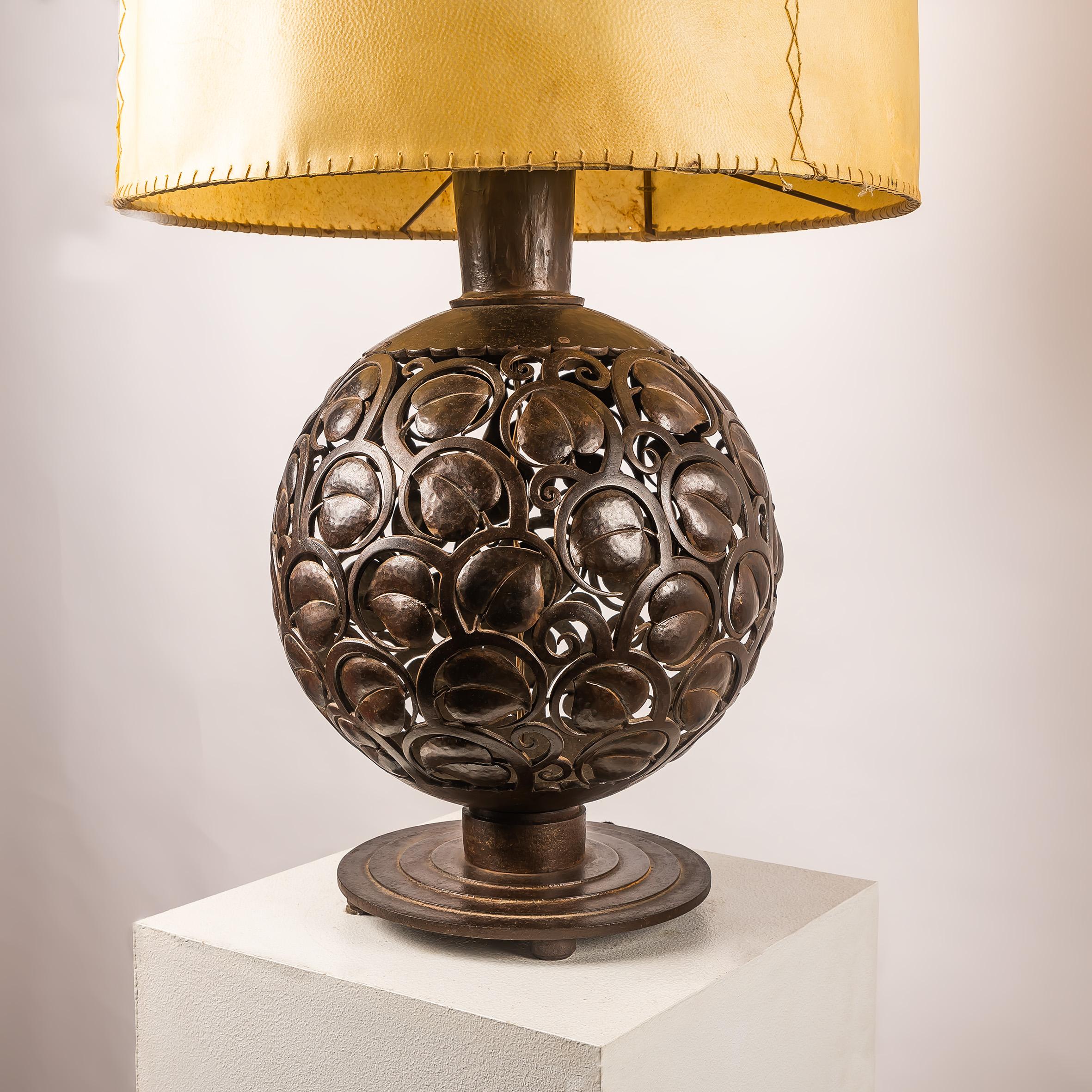Mid-20th Century A large Art Deco wrough iron lamp designed by Edgar Brandt, Stamped 
