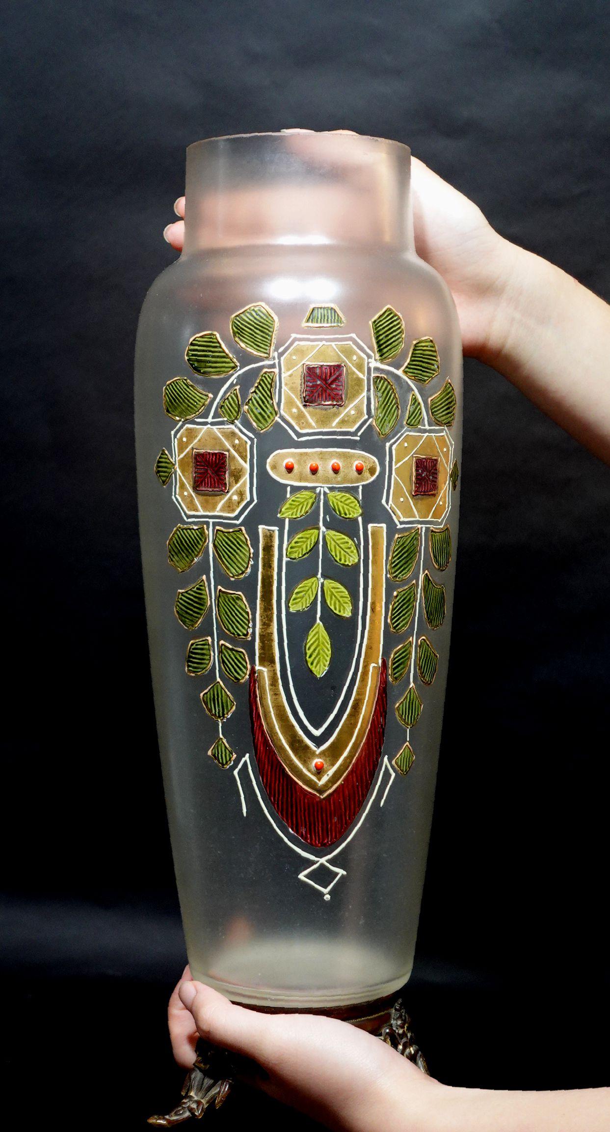 A Large Art Nouveau Enameled and Gilt Art Glass Vase For Sale 5