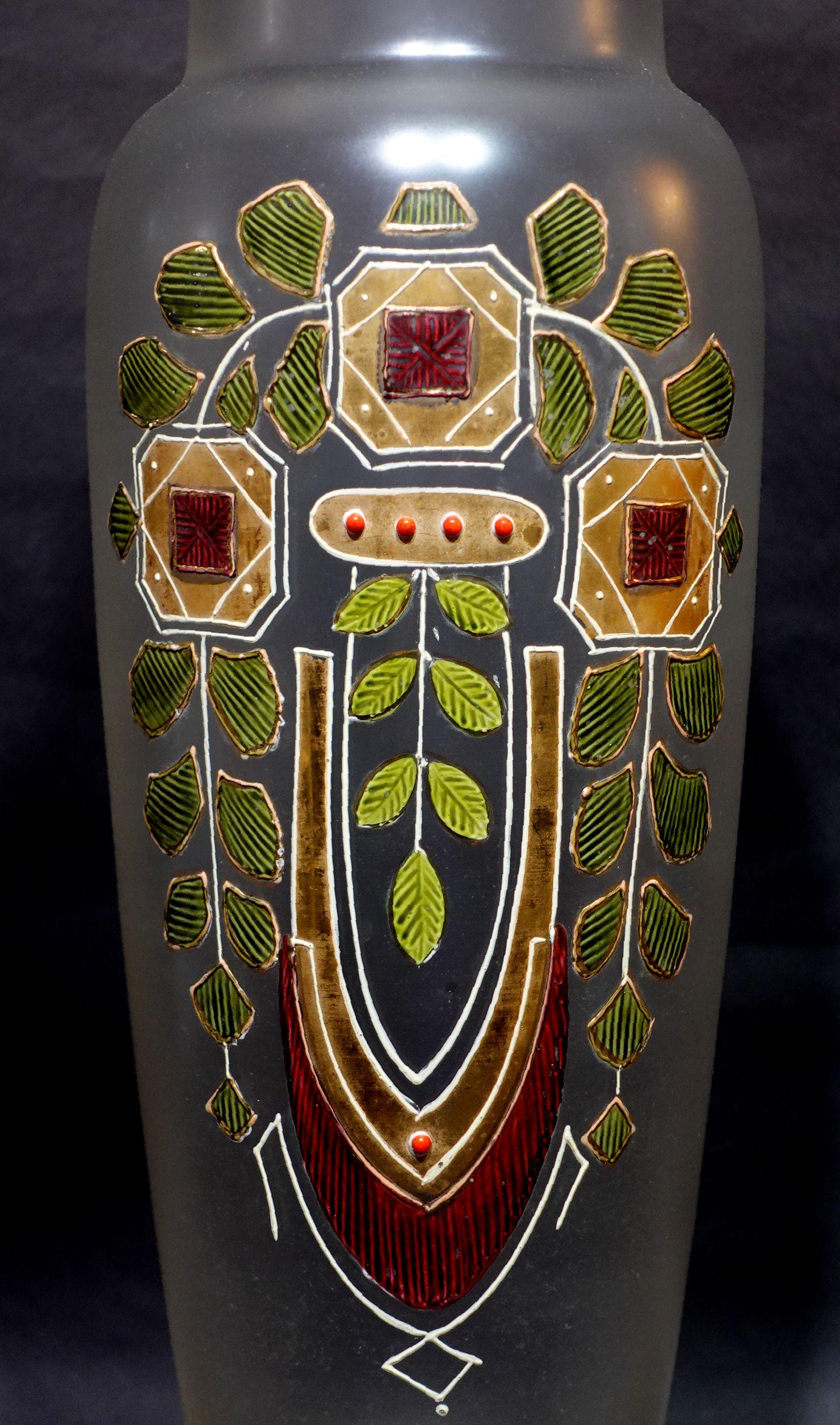 Art nouveau Grand vase en verre d'art émaillé et doré Art Nouveau en vente