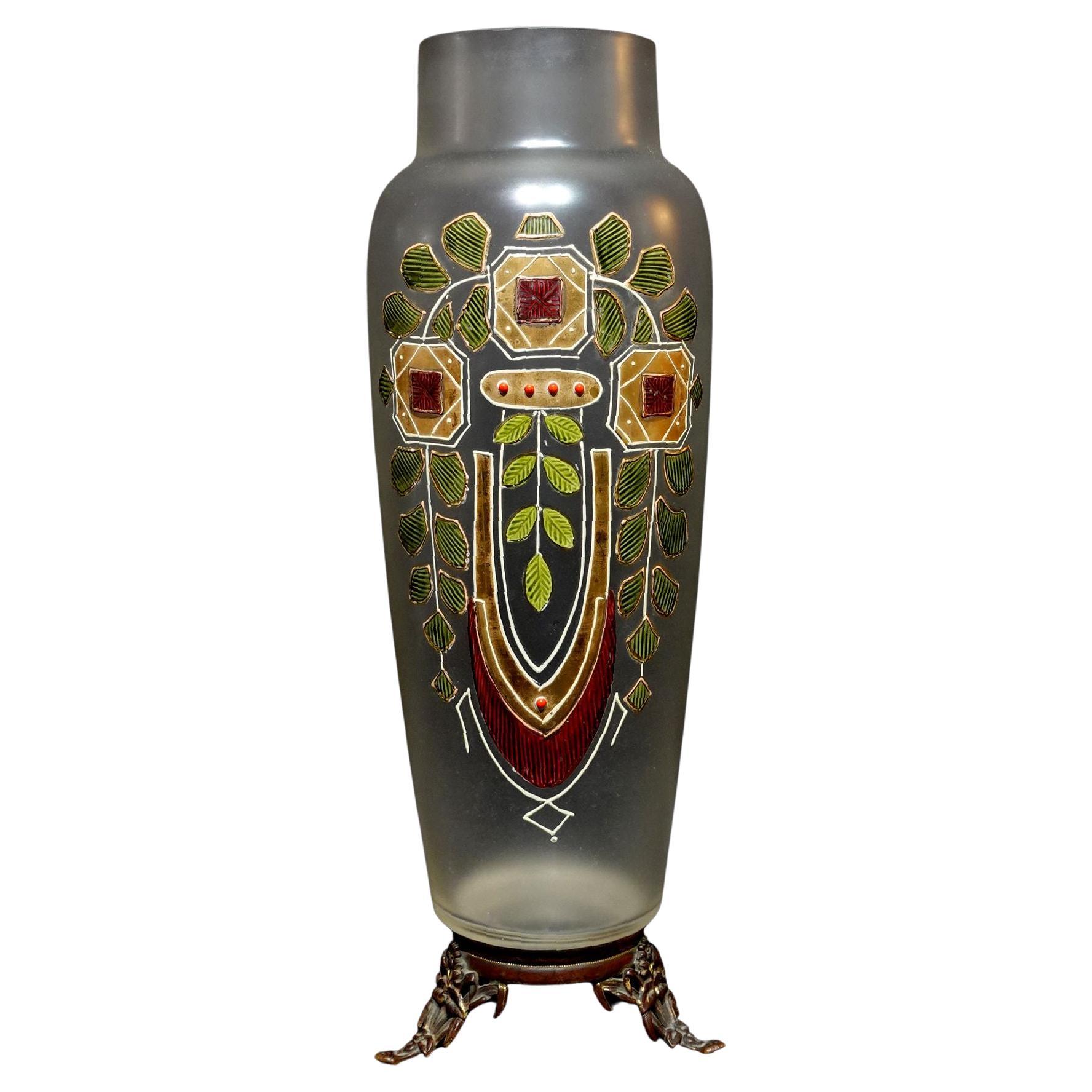 A Large Art Nouveau Enameled and Gilt Art Glass Vase For Sale