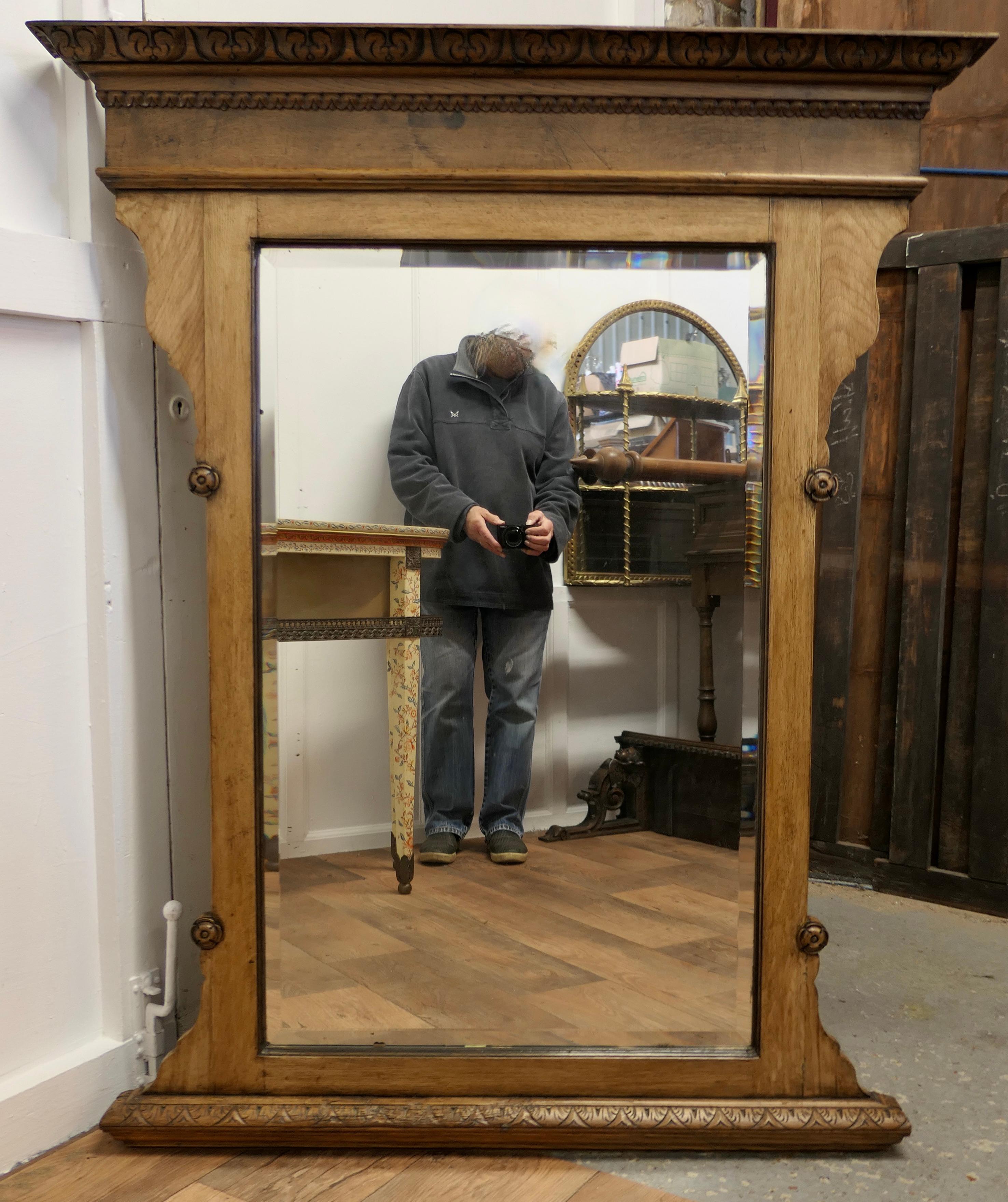 A Large Arts and Crafts 19th Century Light Oak Over Mantle Mirror     In Good Condition For Sale In Chillerton, Isle of Wight