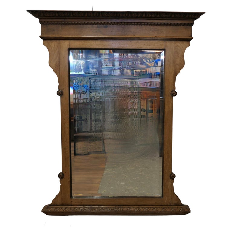 A Large Arts and Crafts 19th Century Light Oak Over Mantle Mirror For
