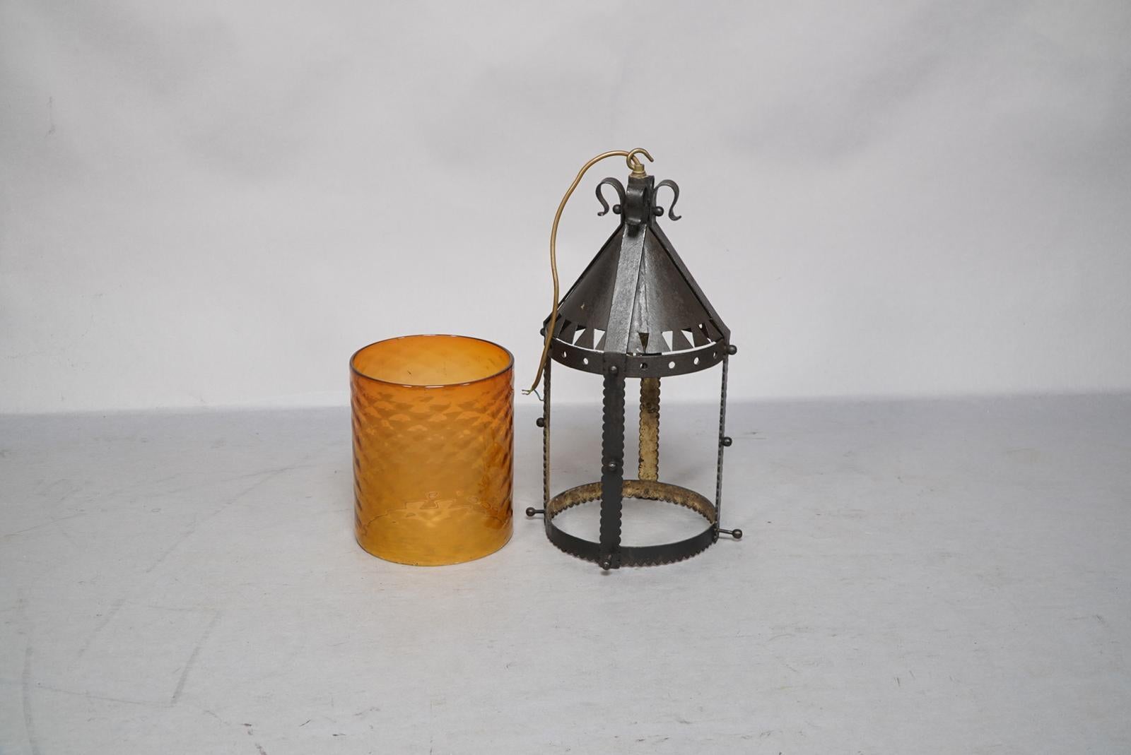 A Large Arts and Crafts Iron Lantern Retaining the Original Dappled Amber Shade. For Sale 1