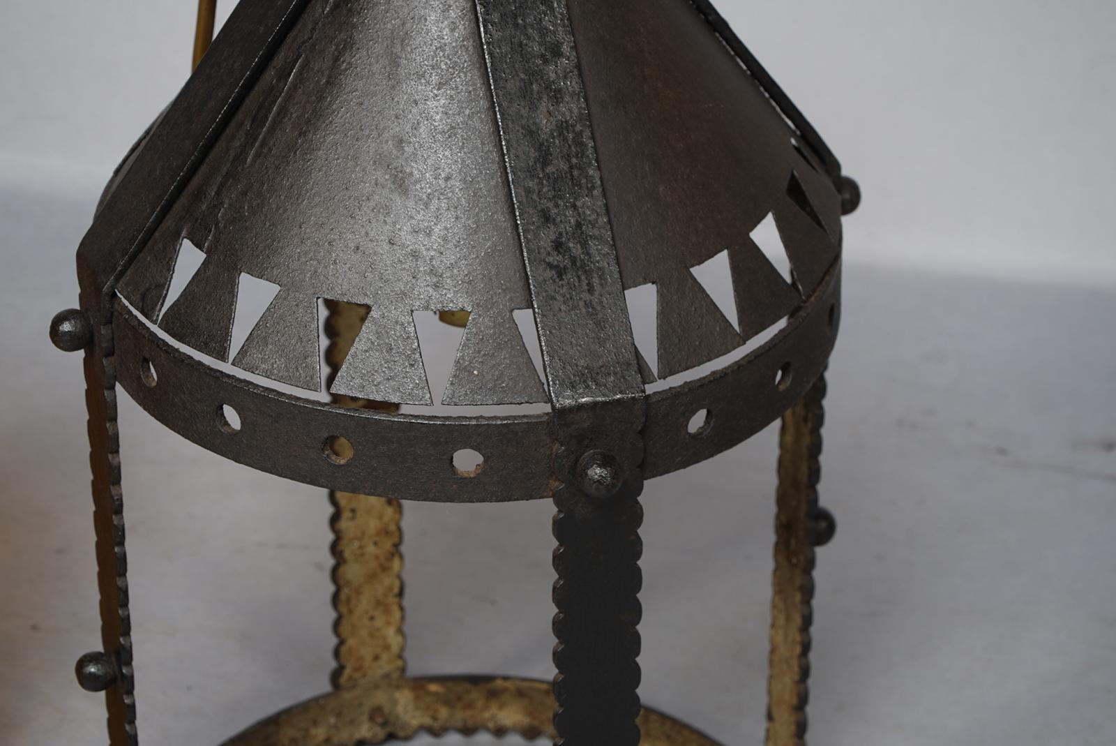 A Large Arts and Crafts Iron Lantern Retaining the Original Dappled Amber Shade. For Sale 4
