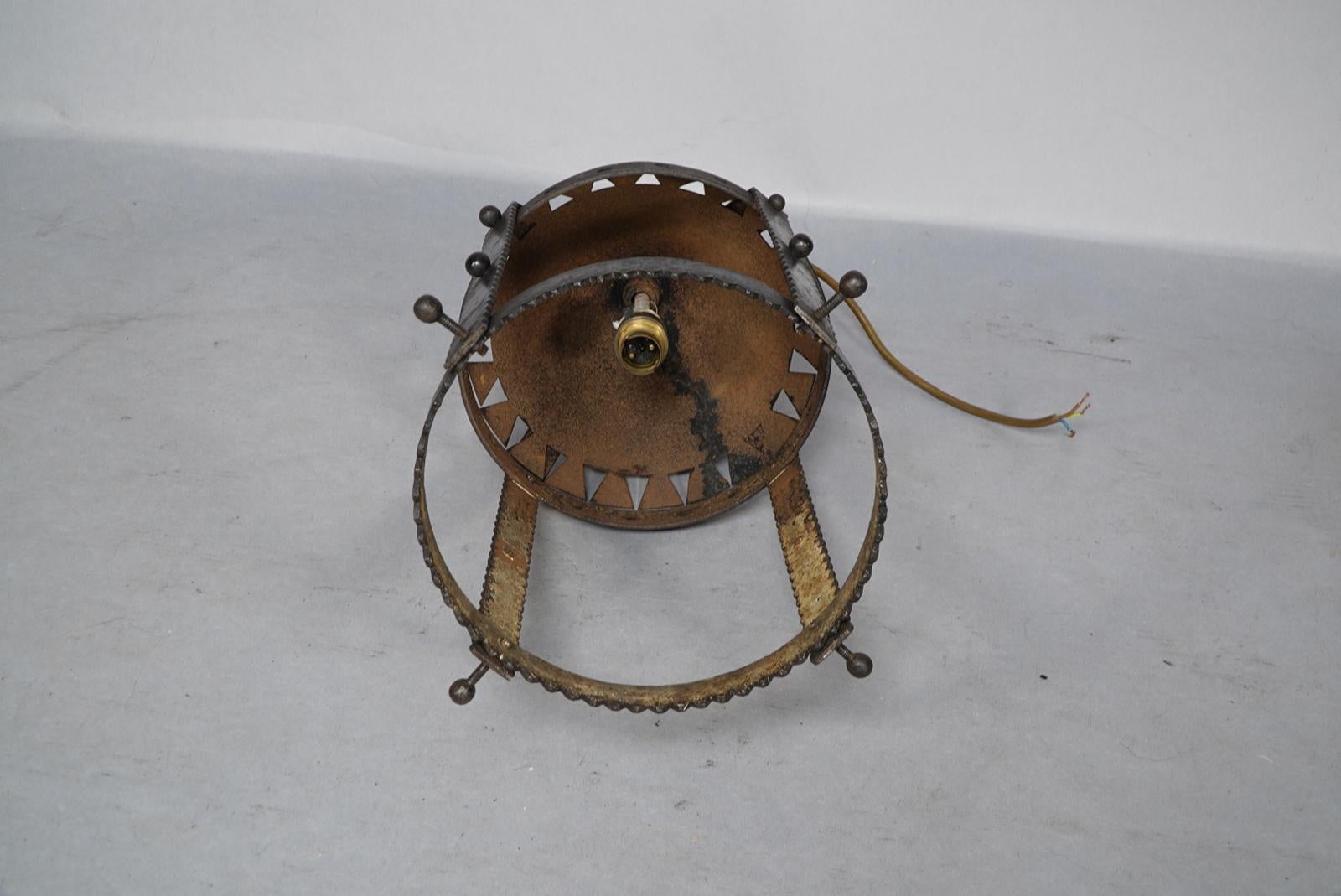 A Large Arts and Crafts Iron Lantern Retaining the Original Dappled Amber Shade. For Sale 6