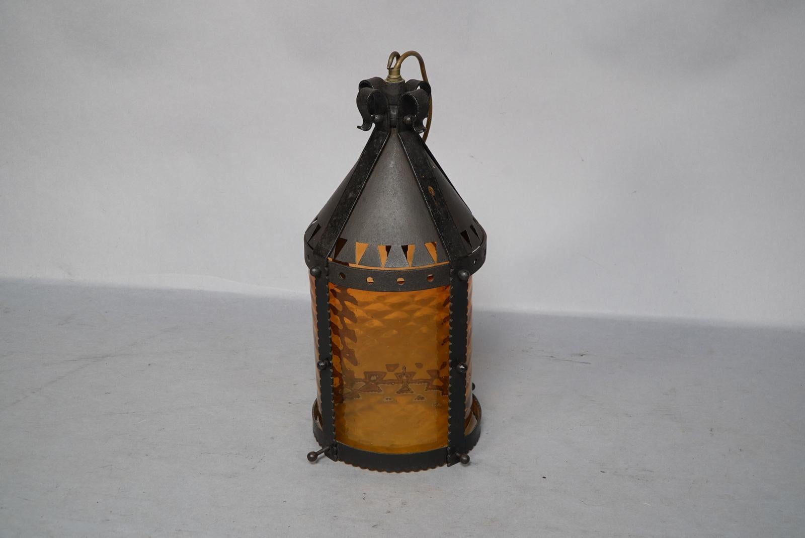 Hand-Crafted A Large Arts and Crafts Iron Lantern Retaining the Original Dappled Amber Shade. For Sale